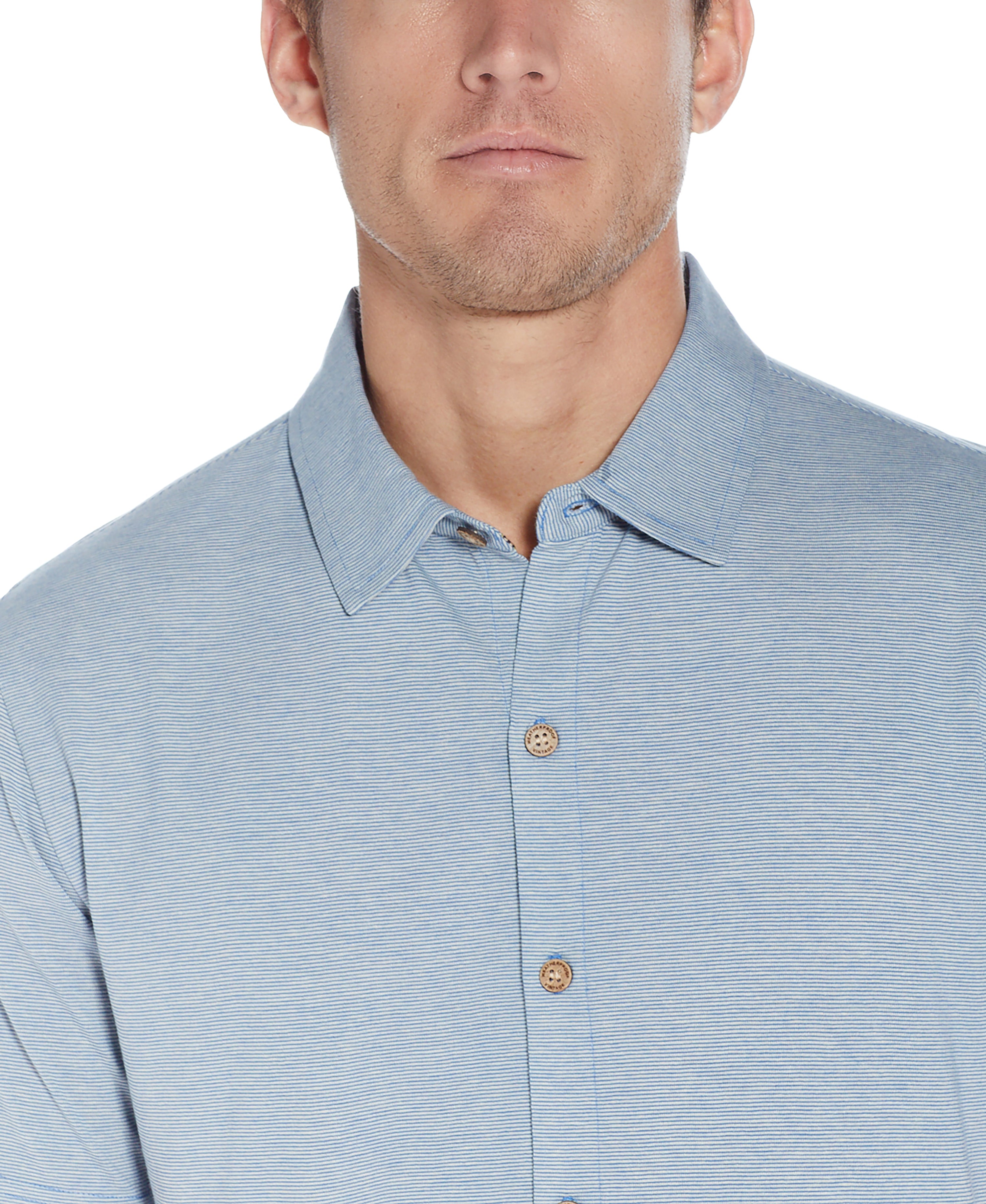 MICRO STRIPE COAT FRONT KNIT IN STERLING BLUE HEATHER