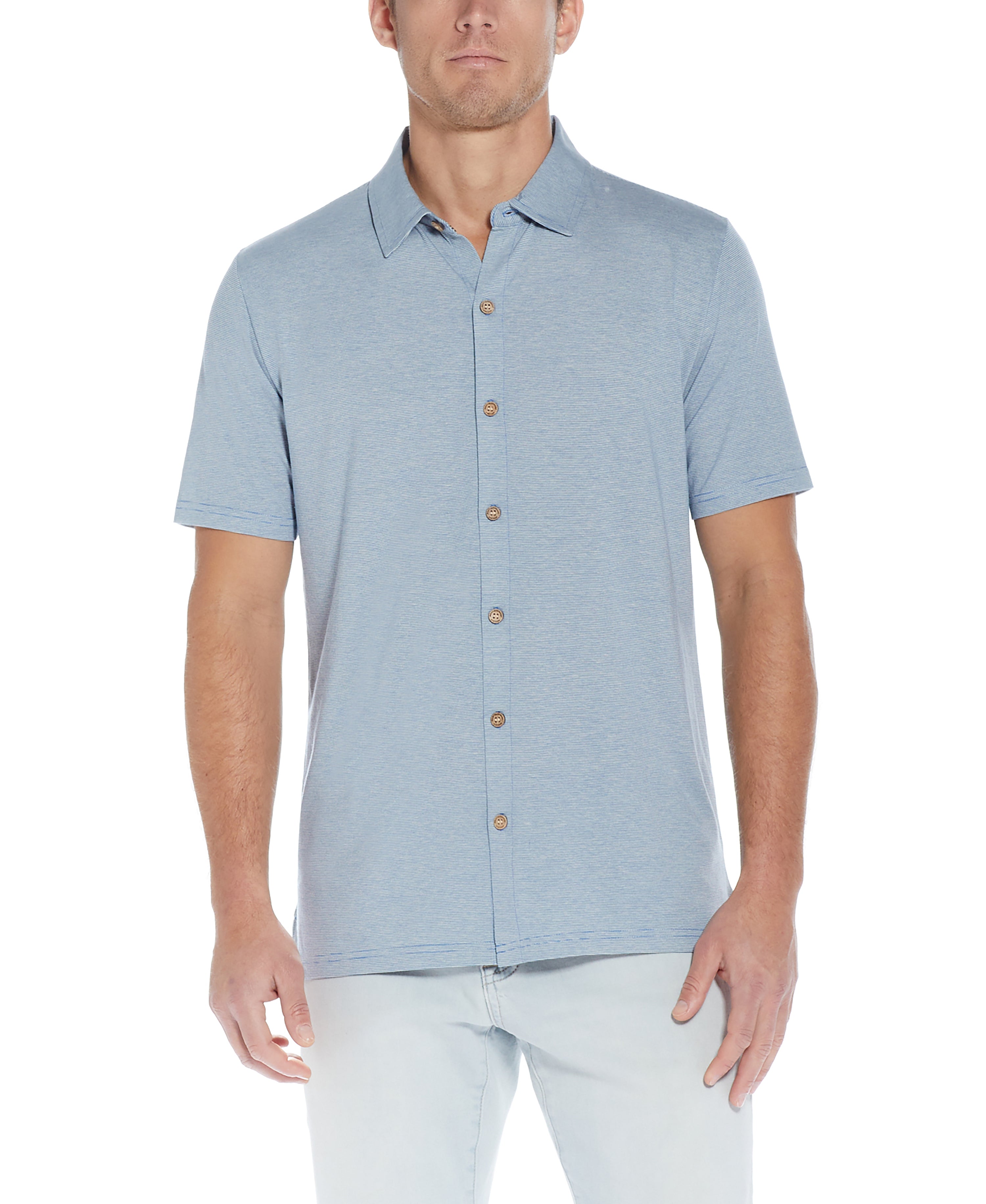 MICRO STRIPE COAT FRONT KNIT IN STERLING BLUE HEATHER