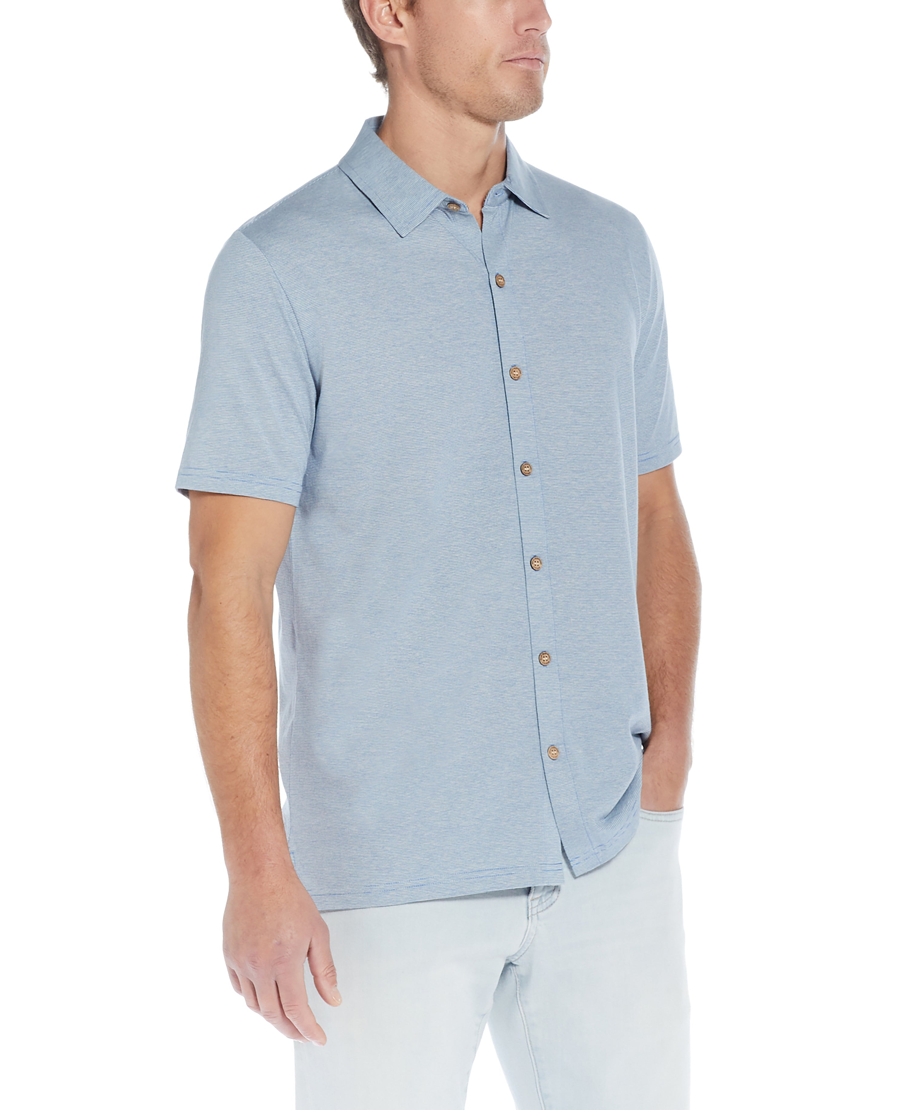 MICRO STRIPE COAT FRONT KNIT IN STERLING BLUE HEATHER