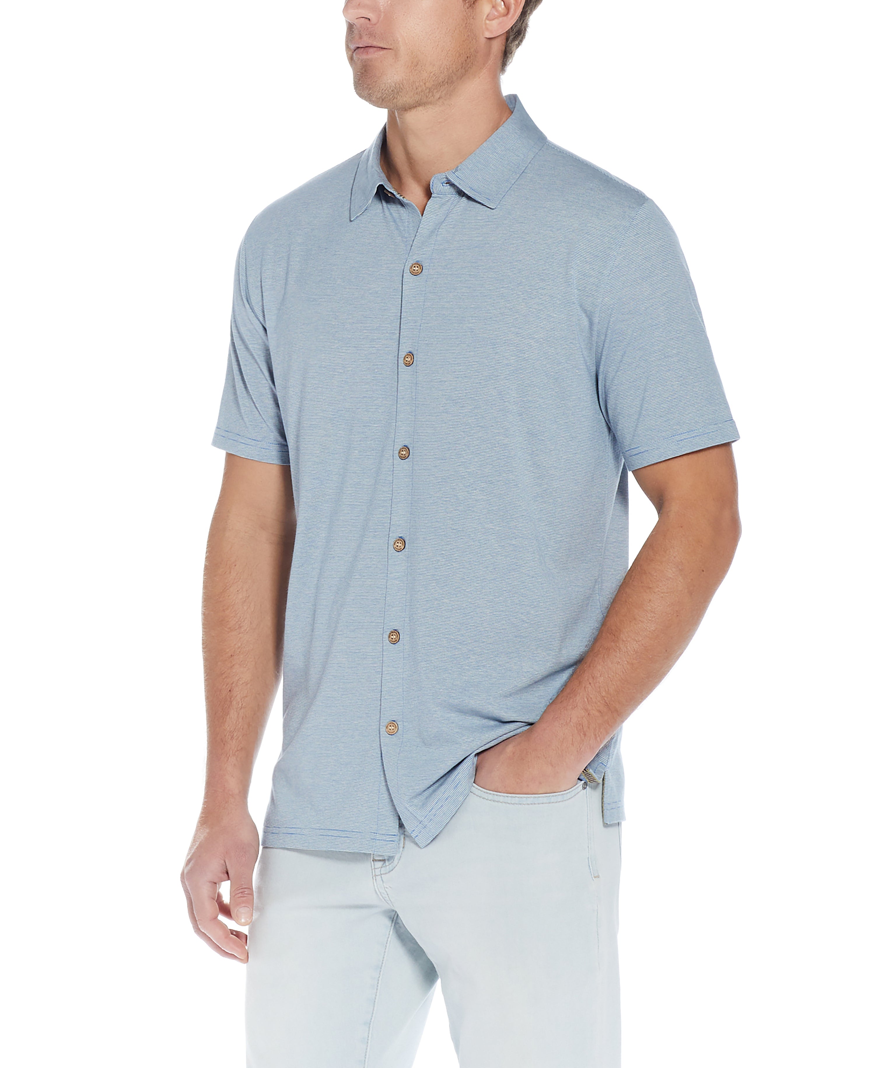 MICRO STRIPE COAT FRONT KNIT IN STERLING BLUE HEATHER