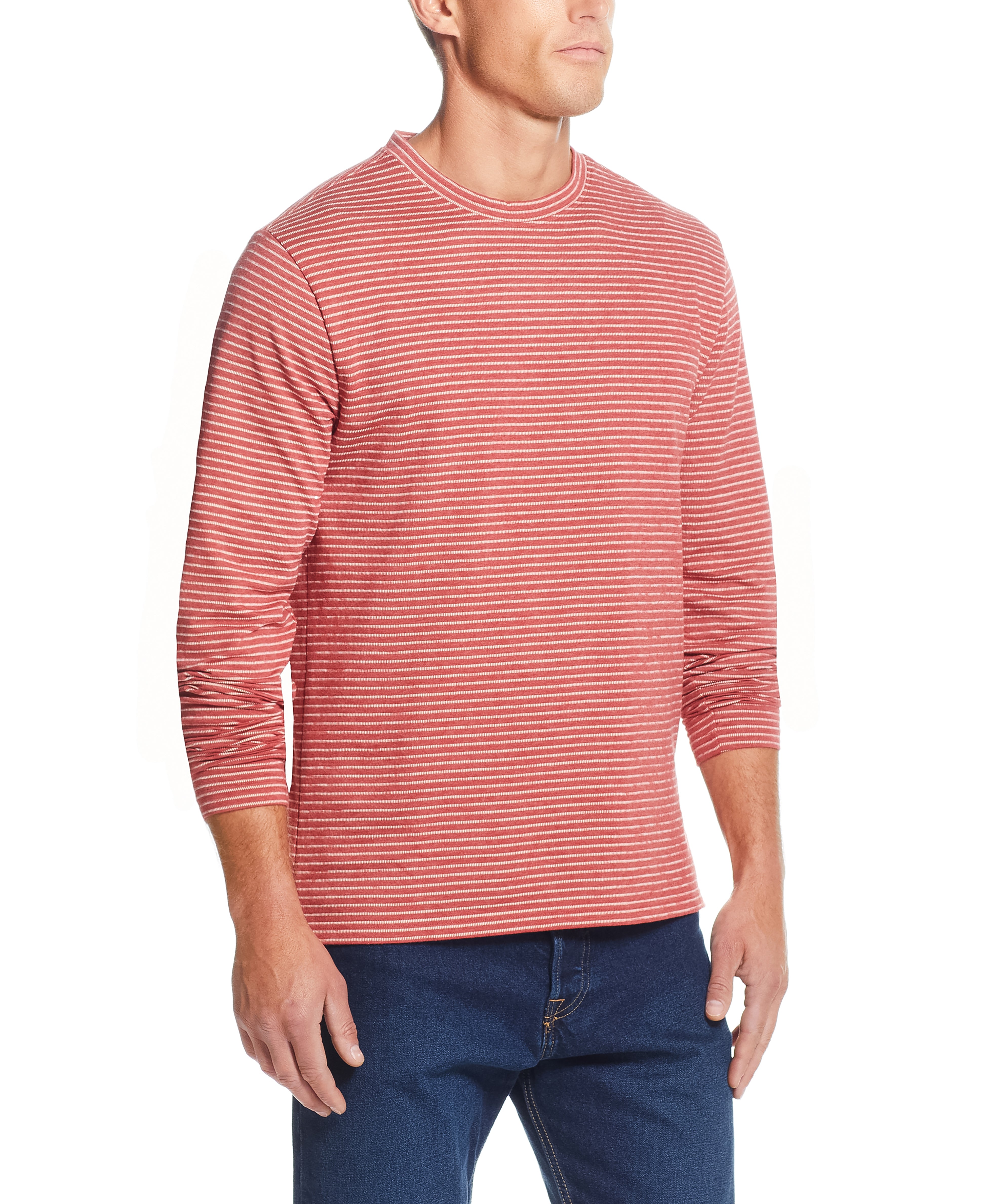 Long Sleeve Stripe Crew In Red Ochre | Crafted Knits | Weatherproof Vintage