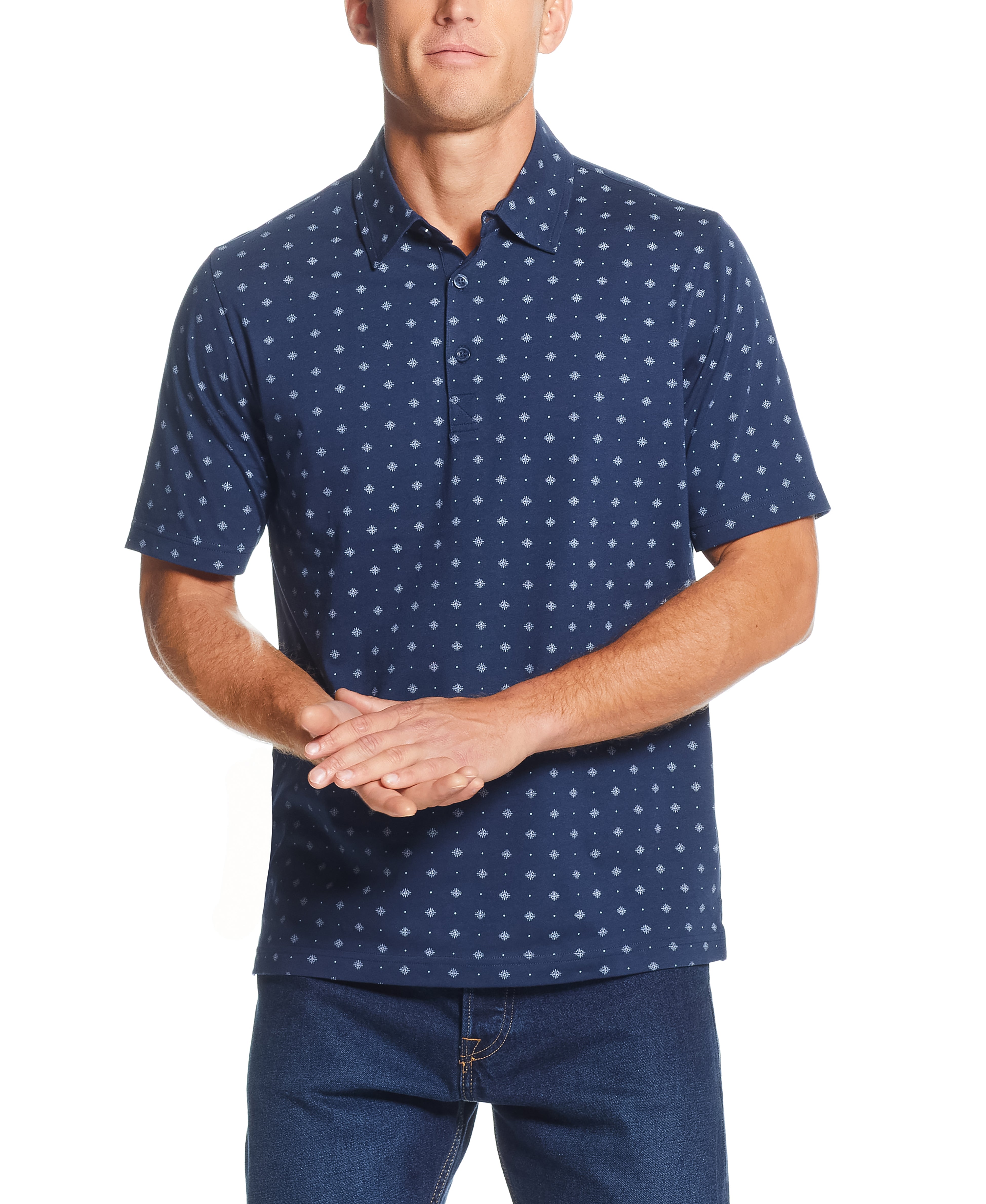 Short Sleeve Allover Print Jersey Polo In Dress Blues
