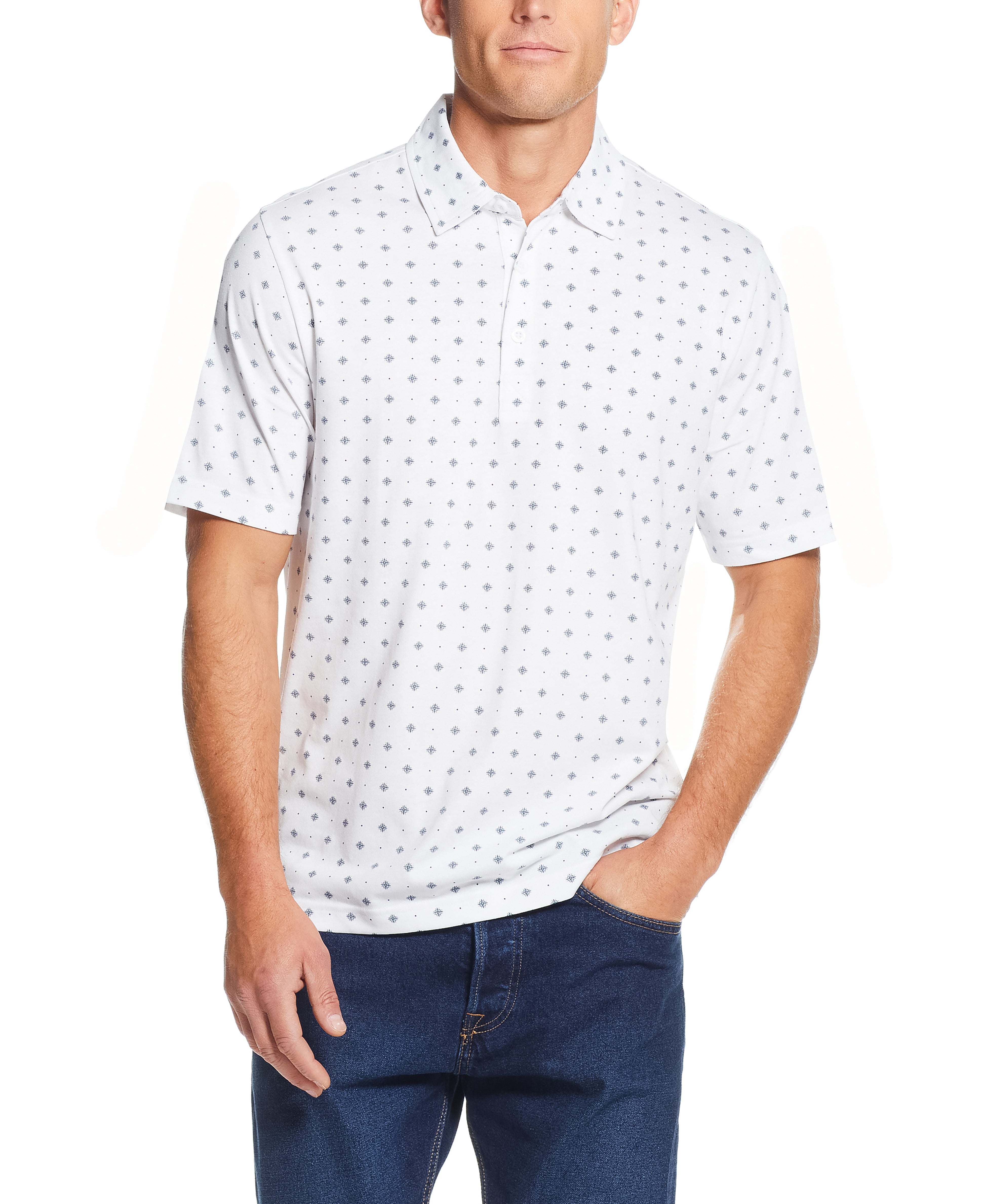 Short Sleeve Allover Print Jersey Polo In White