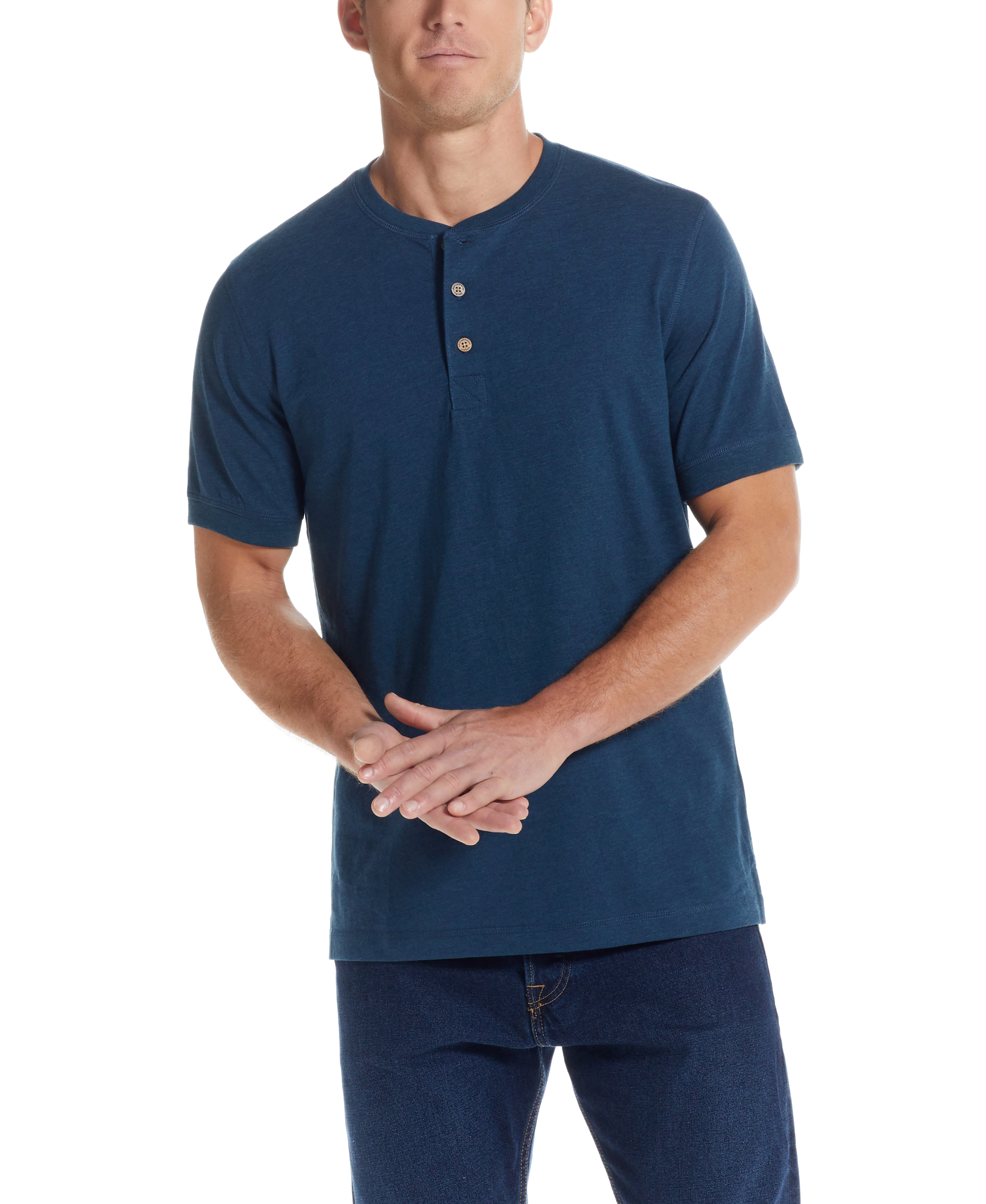 Short Sleeve Henley in Deep Cobalt worn by a model, ideal for casual and smart-casual looks.