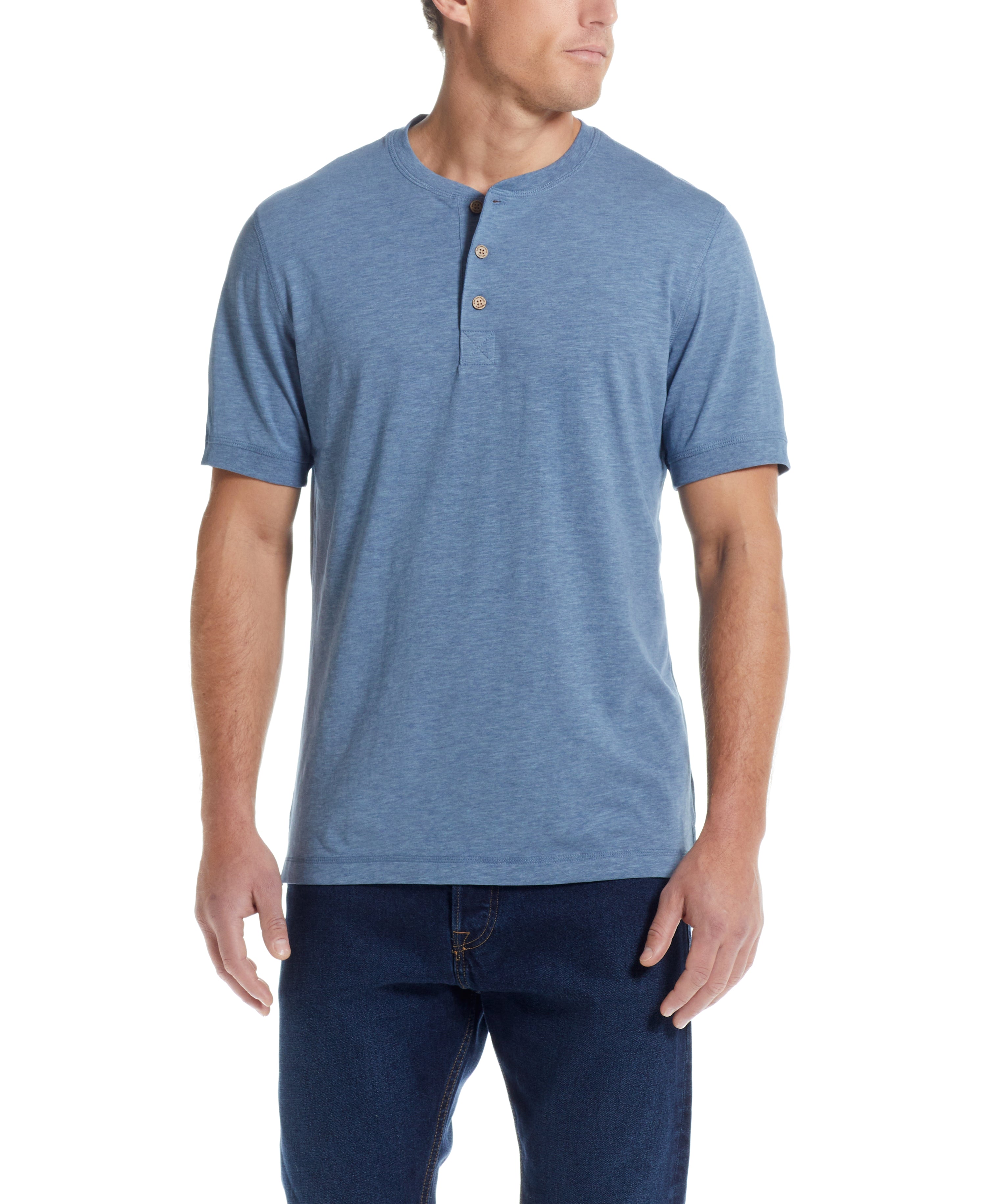 SHORT SLEEVE HENLEY IN FADED DENIM