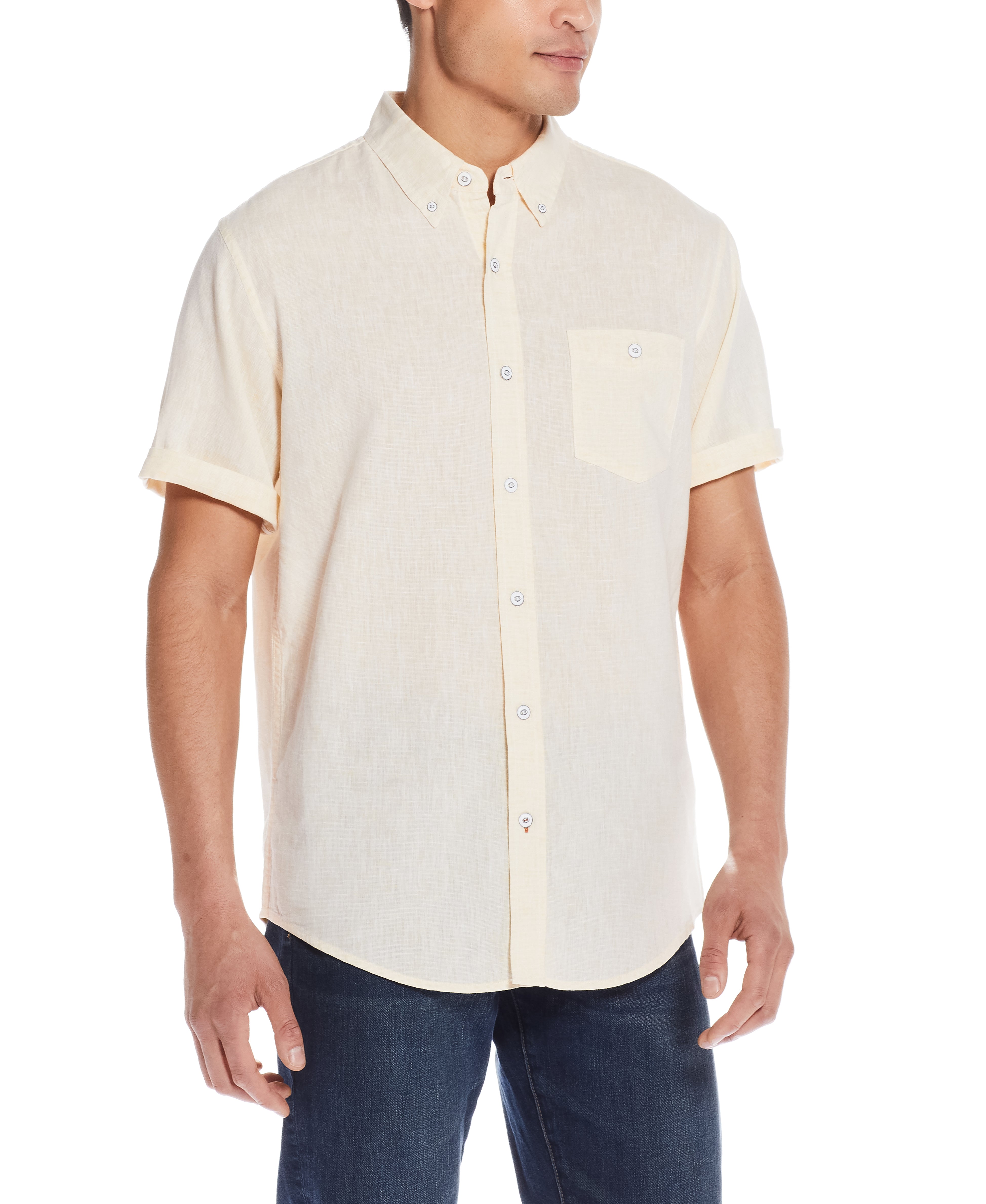 Short Sleeve Solid Linen Cotton In Cornsilk