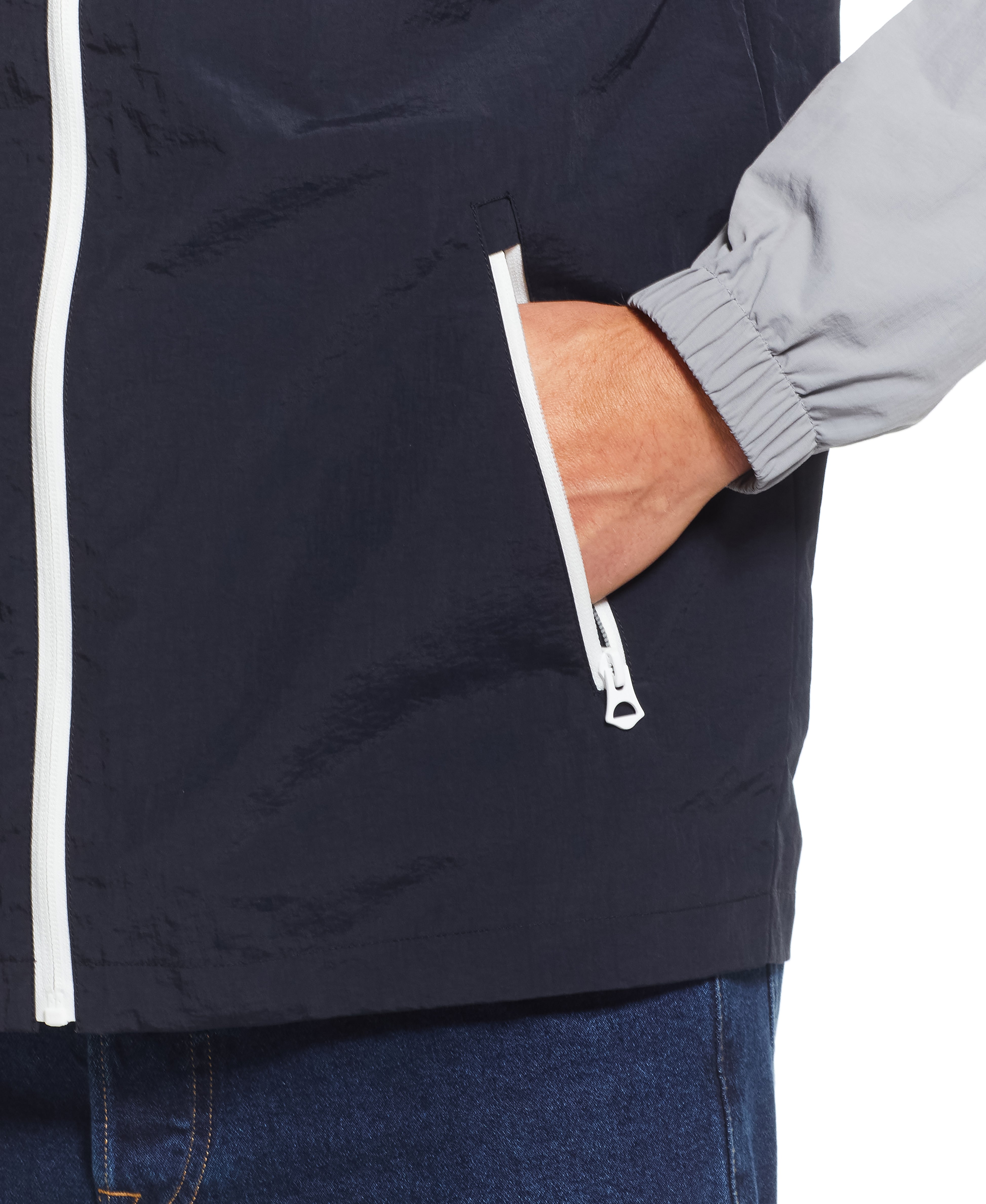NYLON ZIP UP COLOR BLOCK WITH HOOD IN SHARK SKIN