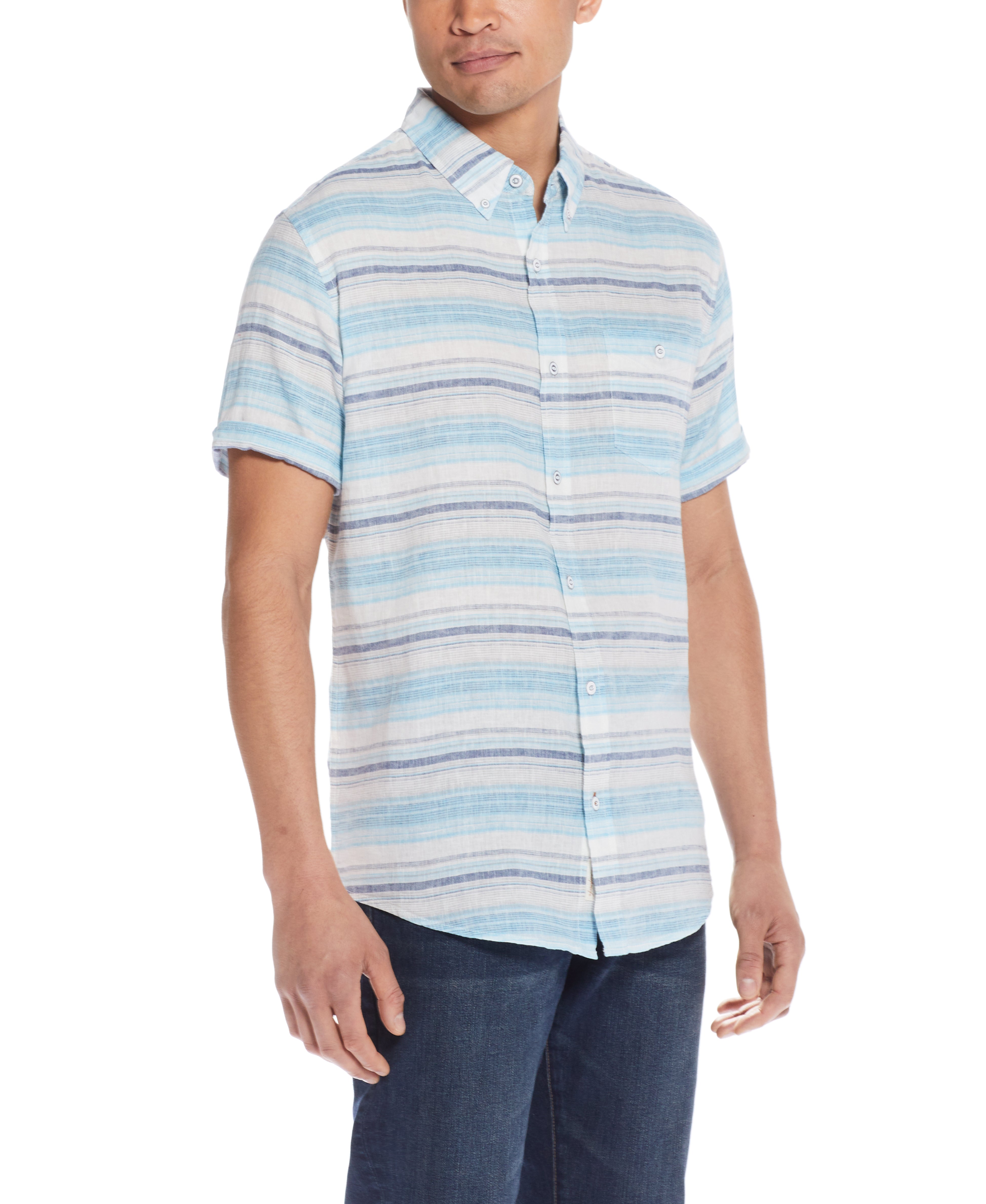 Stripe Linen Cotton Shirt In Soft Blue