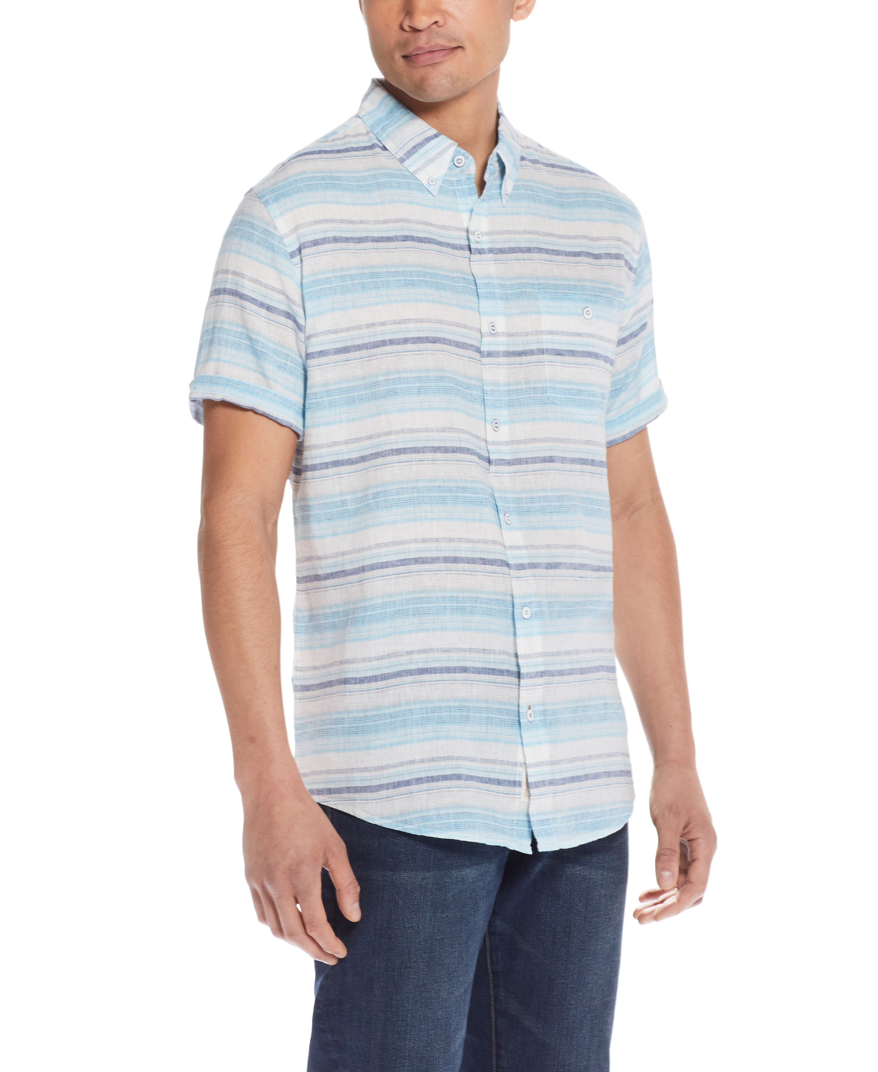 Stripe Linen Cotton Shirt in Soft Blue