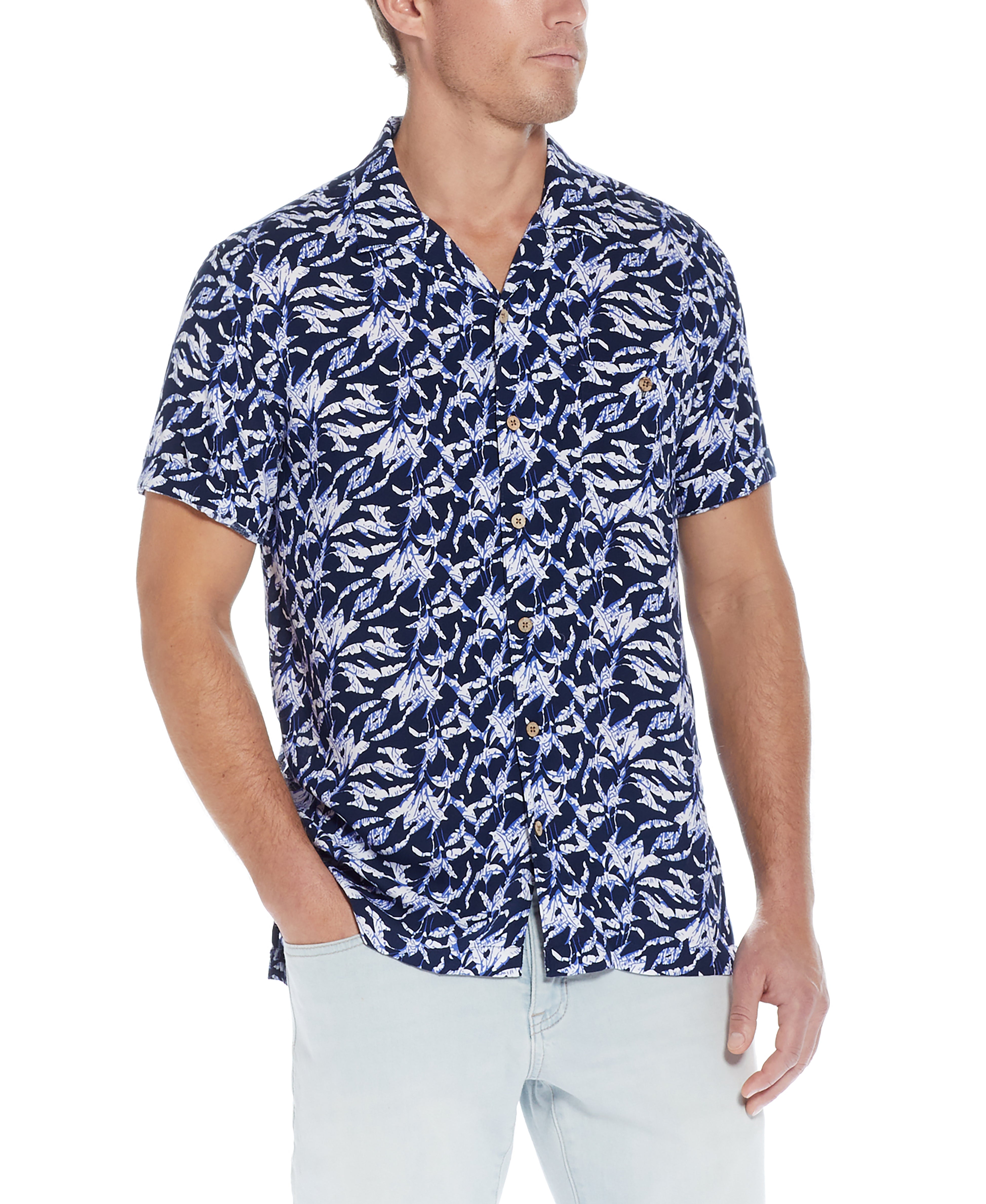 Short Sleeve Rayon Printed Camp Shirt In Sailor Blue