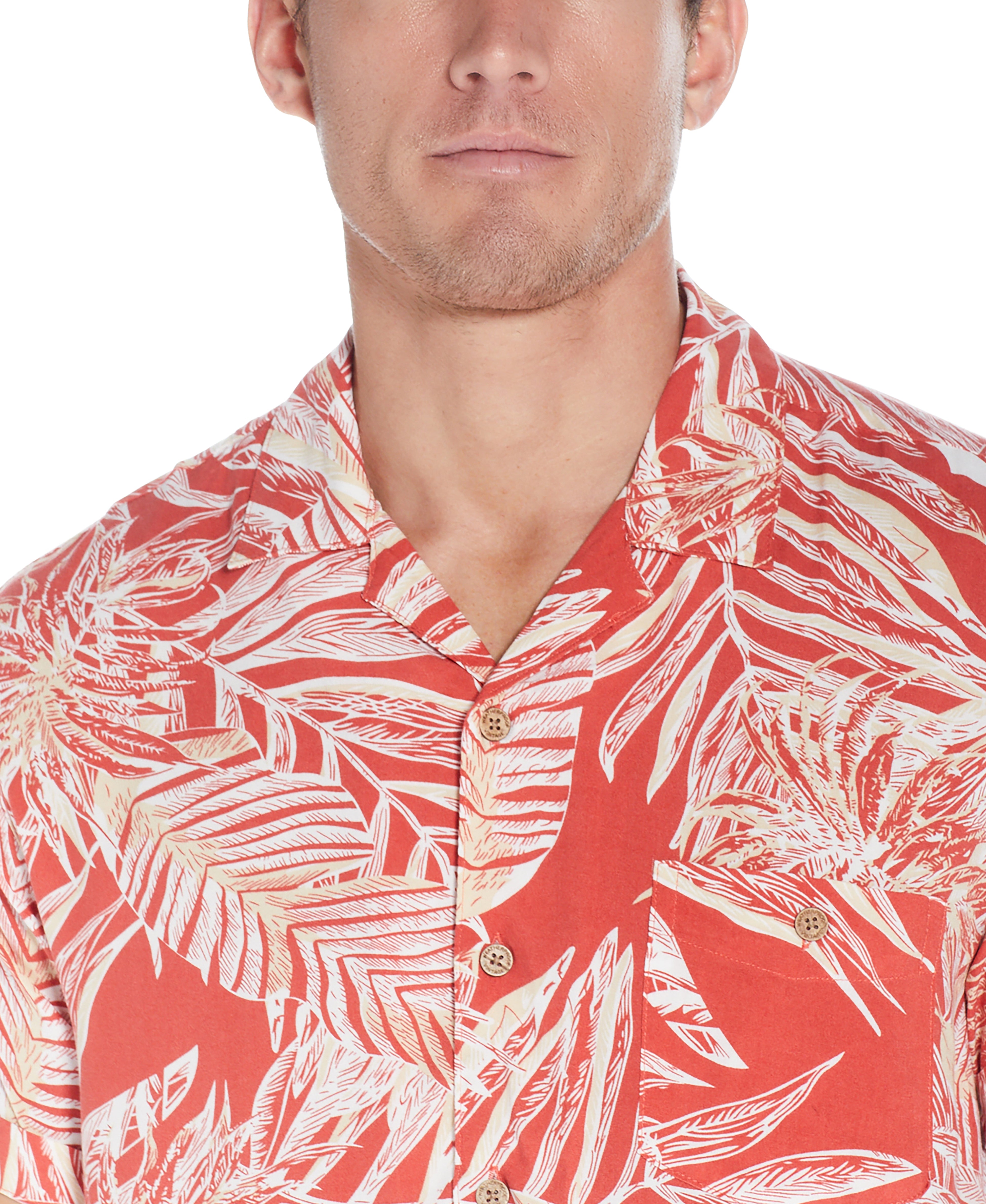 Short Sleeve Rayon Printed Camp Shirt In Orange