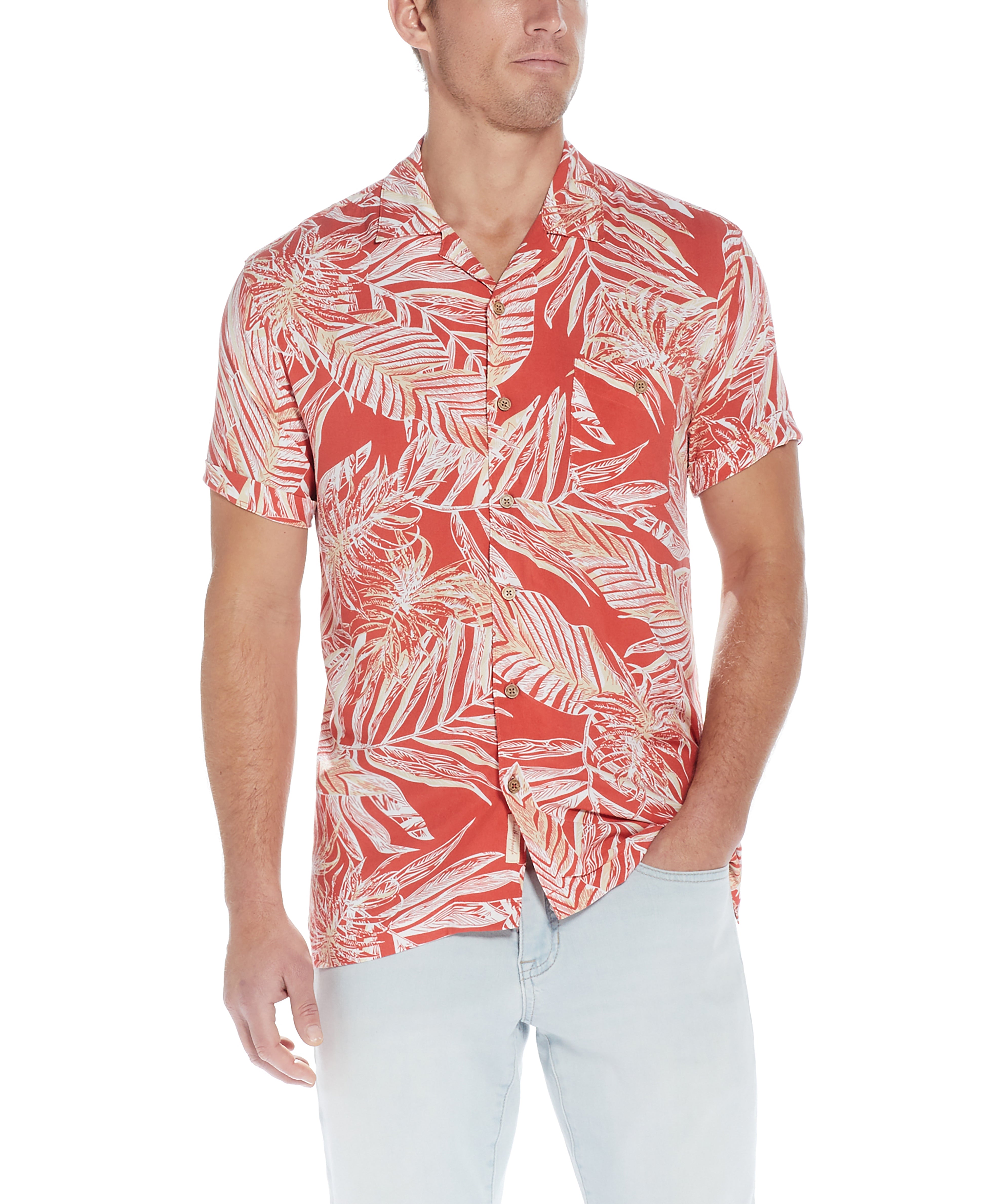 Short Sleeve Rayon Printed Camp Shirt In Orange