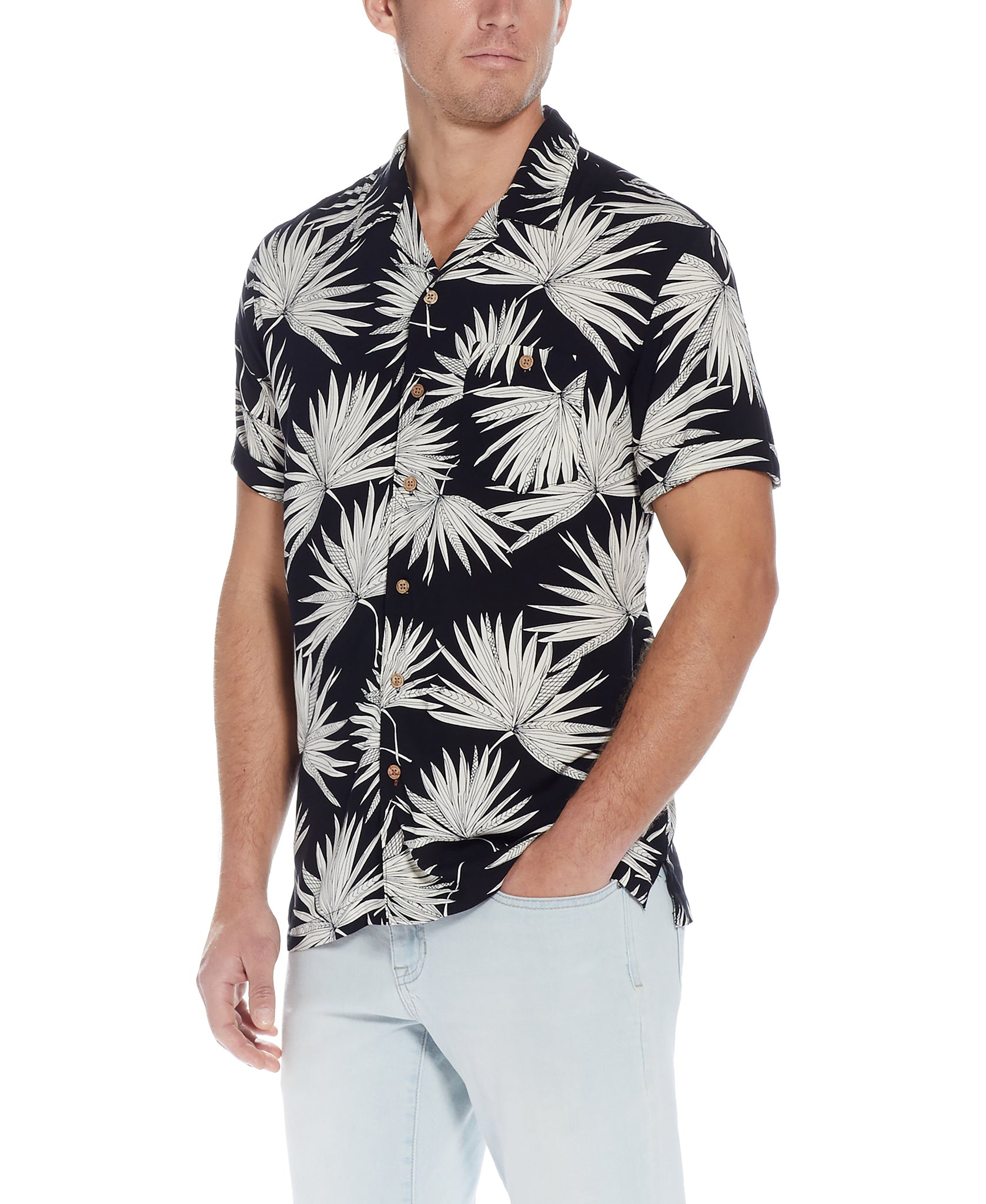 Short Sleeve Rayon Printed Camp Shirt In Sky Captain