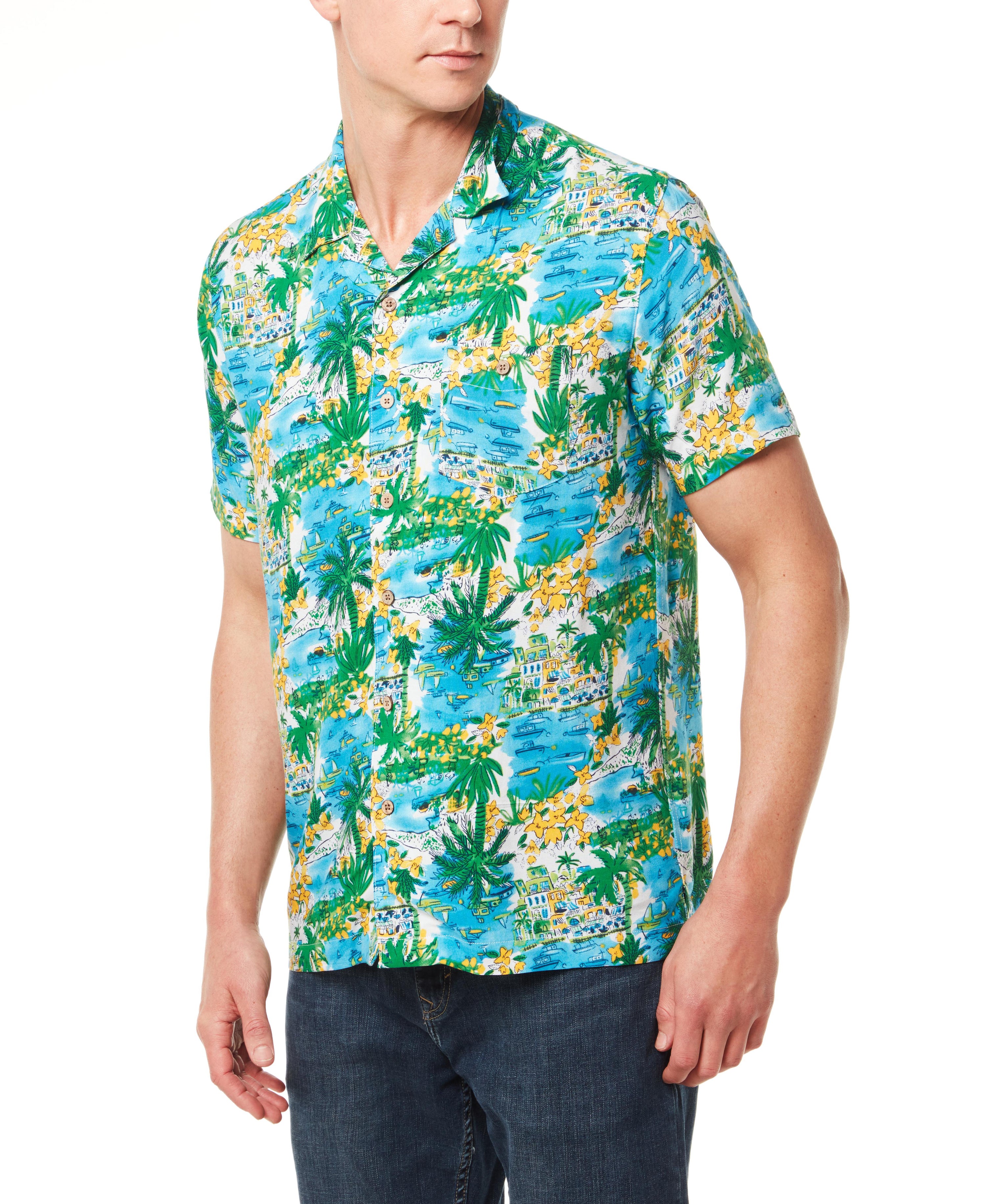 Banana Leaf Rayon Print Camp Shirt in Blue Tropics