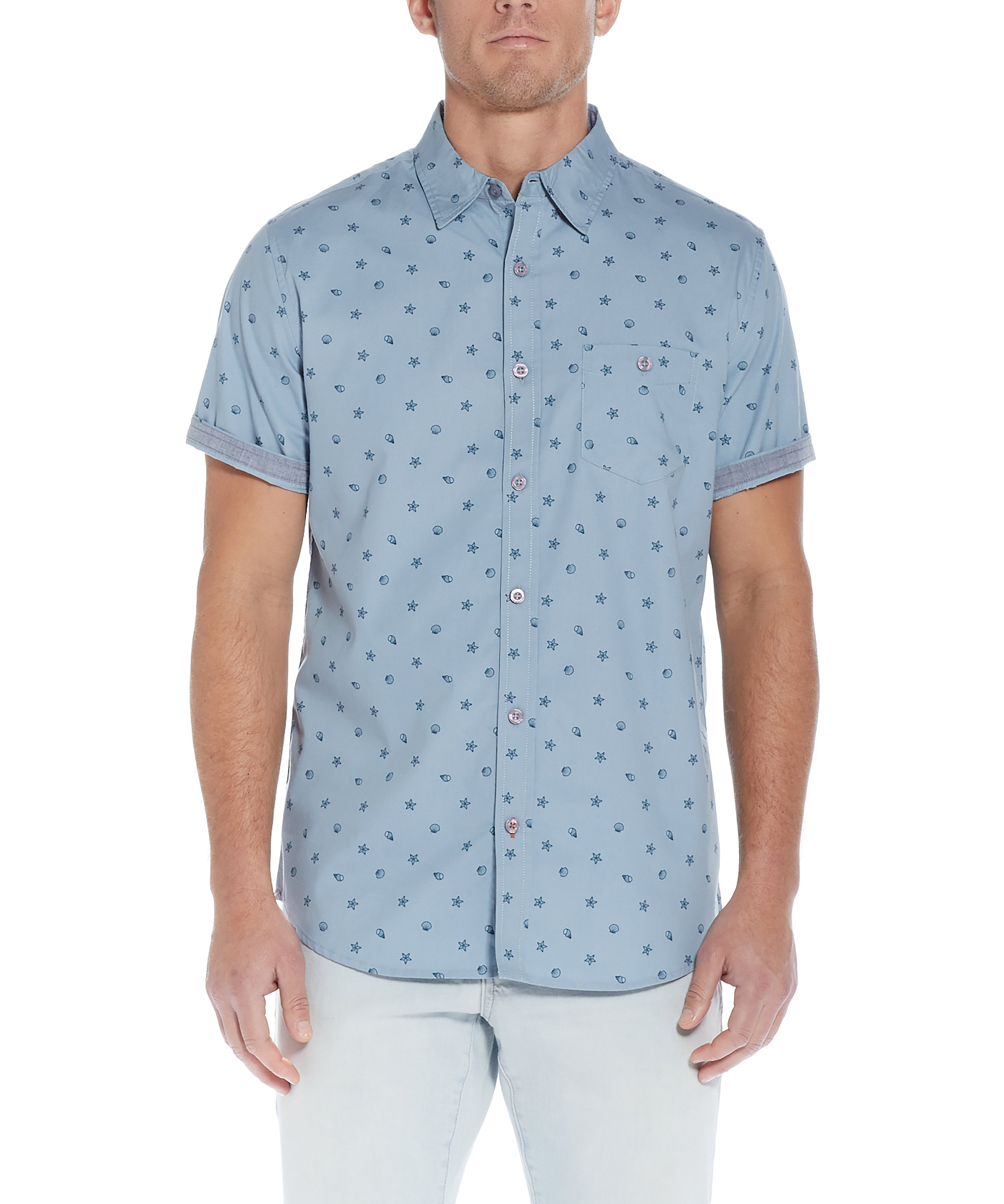 Poplin Seashell Printed Shirt In Dusty Blue, SMALL / Dusty BLUE Poplin Seashell Printed Shirt In Dusty Blue, SMALL / Dusty BLUE