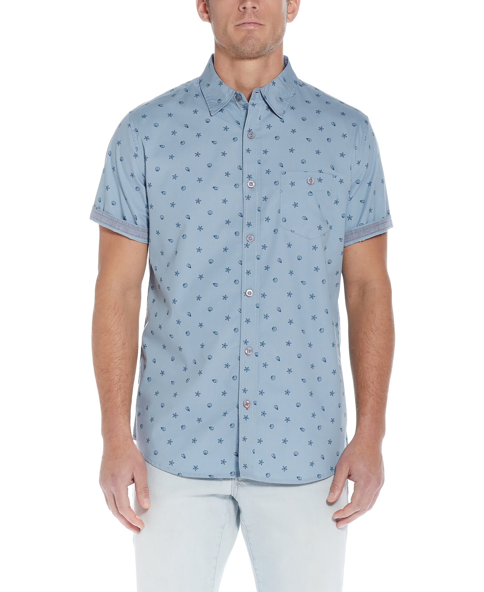 Poplin Seashell Printed Shirt In Dusty Blue, SMALL / Dusty BLUE