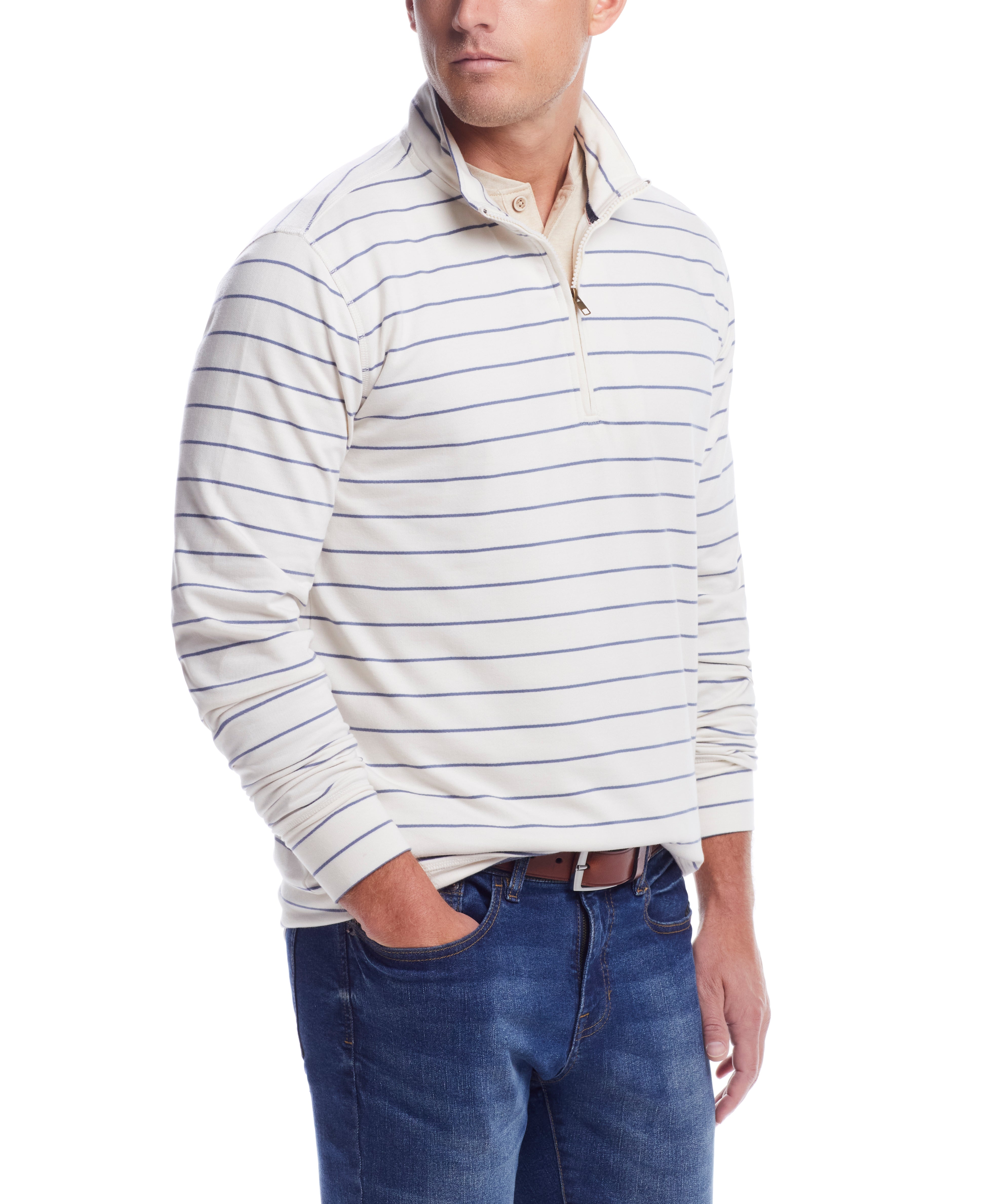 Striped L/S Quarter Zip In Antique White