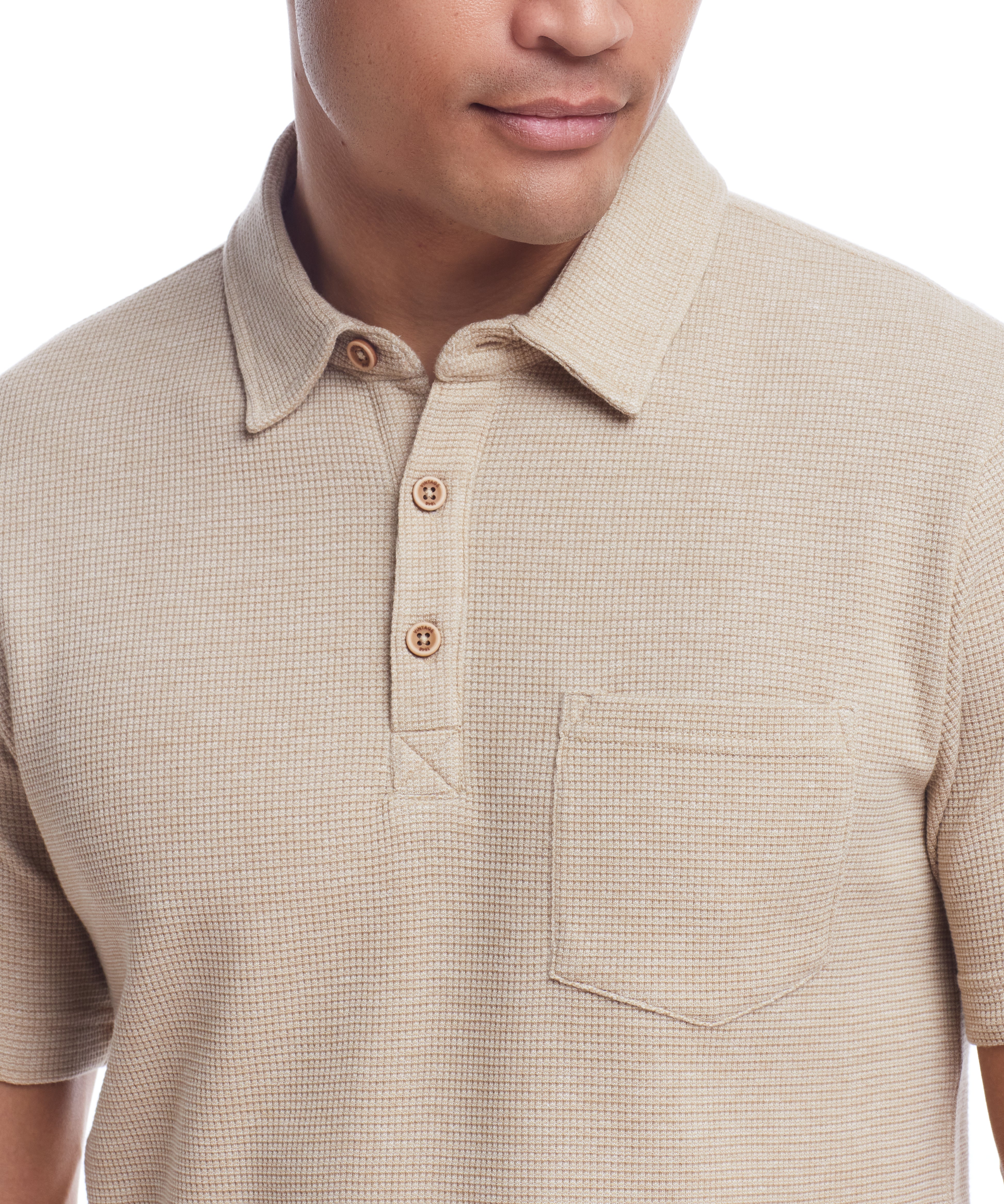 Waffle Polo In Antique White features a classic fit, waffle texture, short sleeves, and vintage button details.