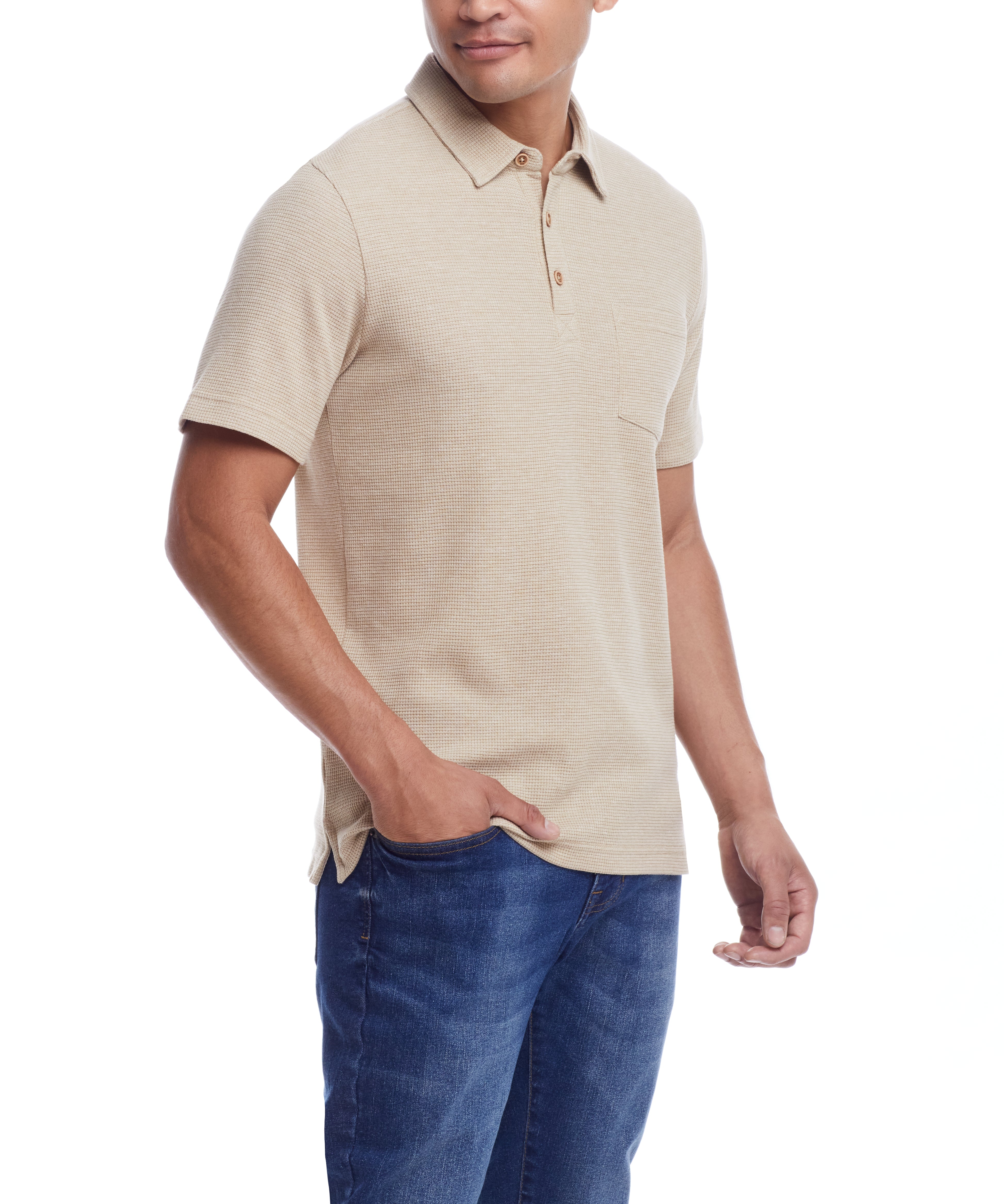 Waffle Polo In Antique White worn by a model, featuring short sleeves and a patch pocket.