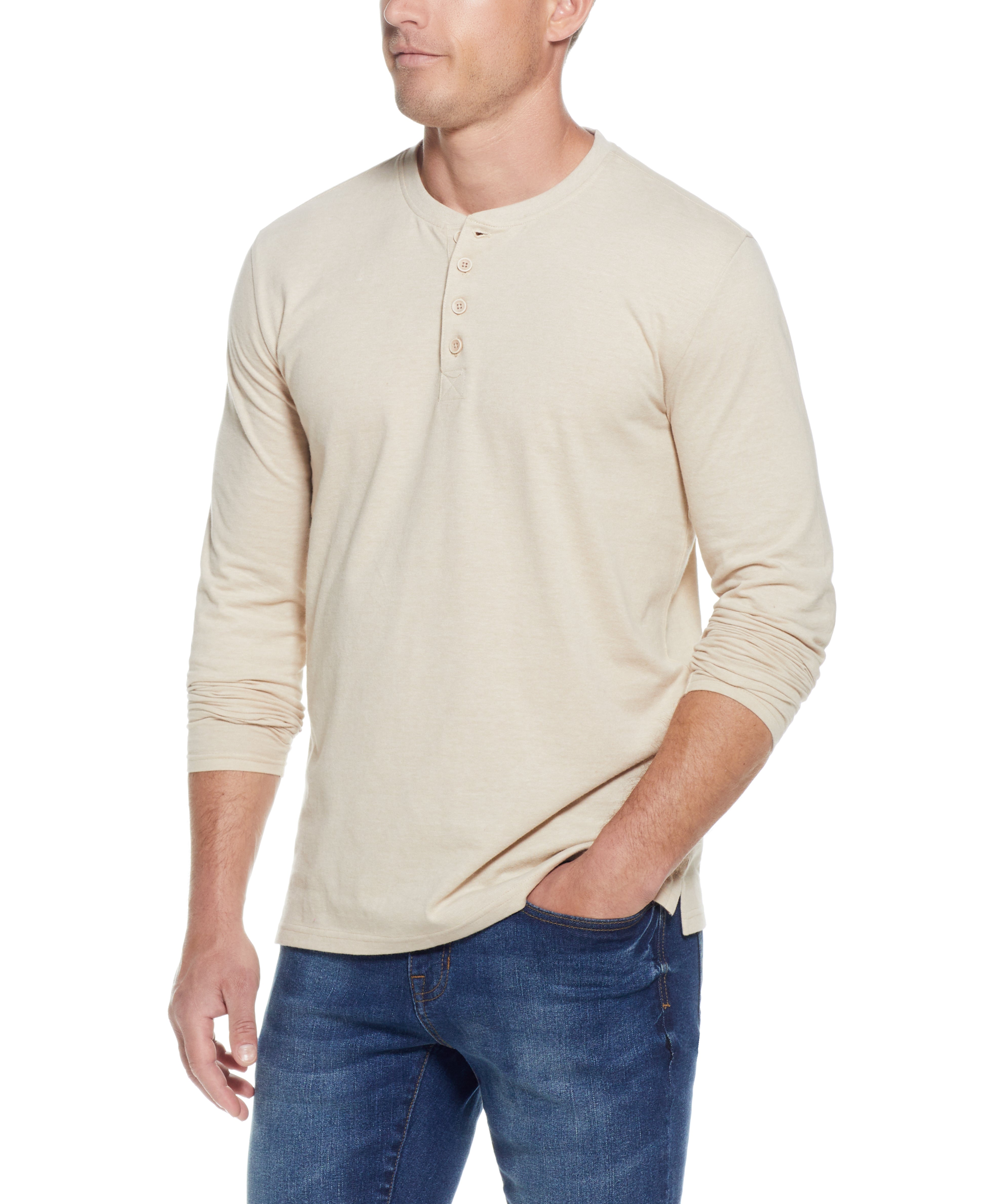 L/S SUEDED MICROSTRIPE  HENLEY in NATURAL