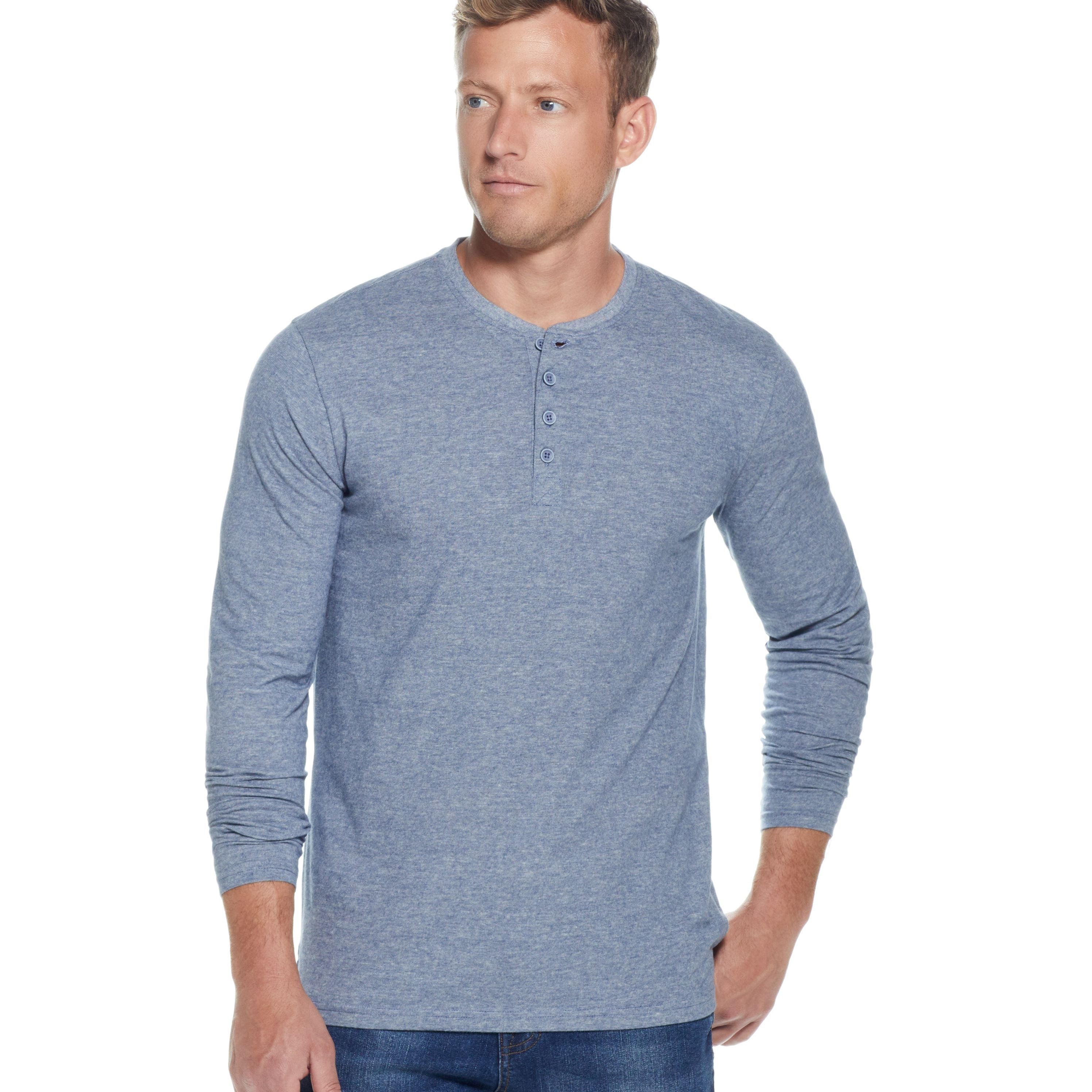 Long Sleeve Sueded Microstripe  Henley In Lt Blue
