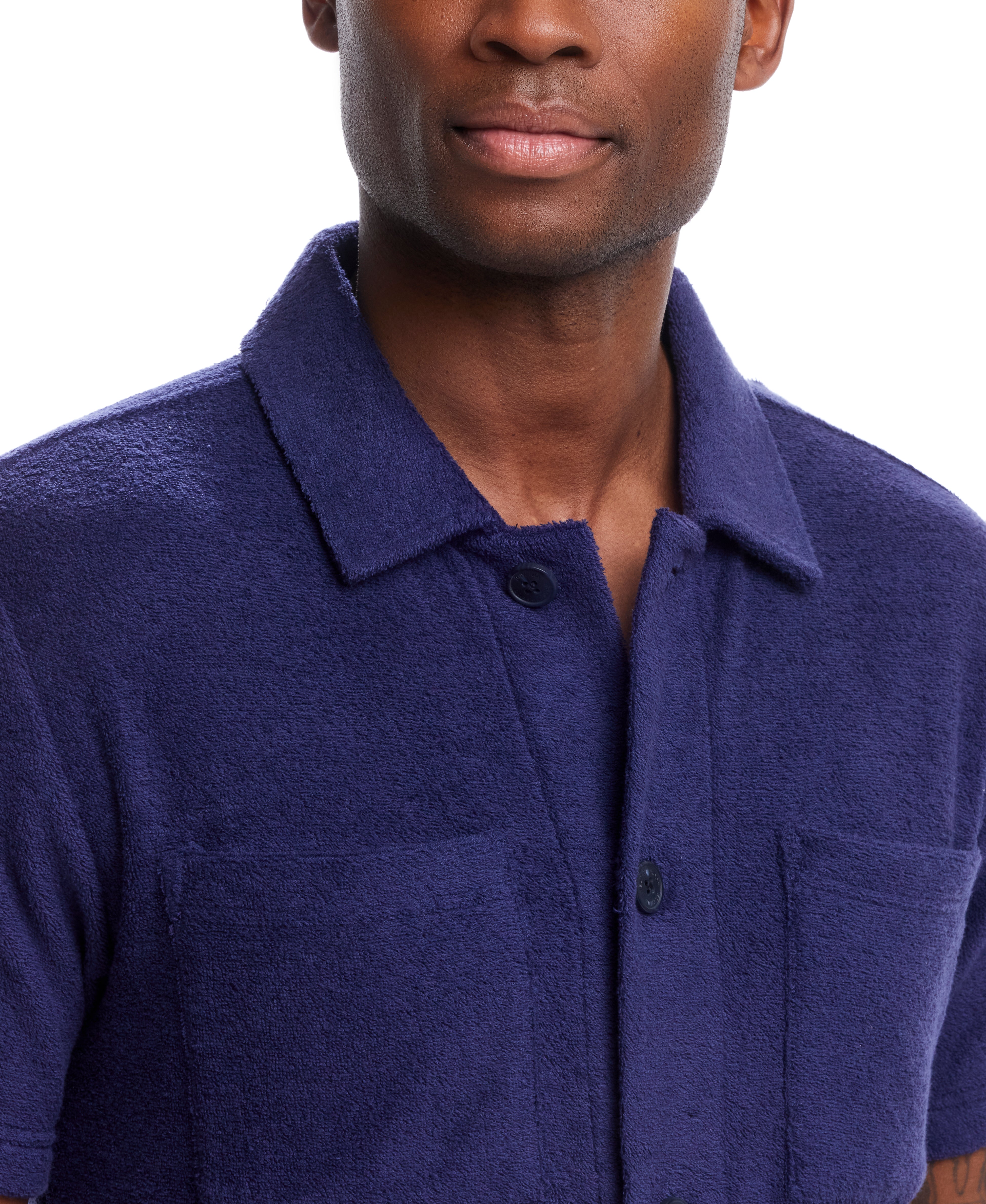Short Sleeve Solid Terry Button Down Shirt In Naval Academy