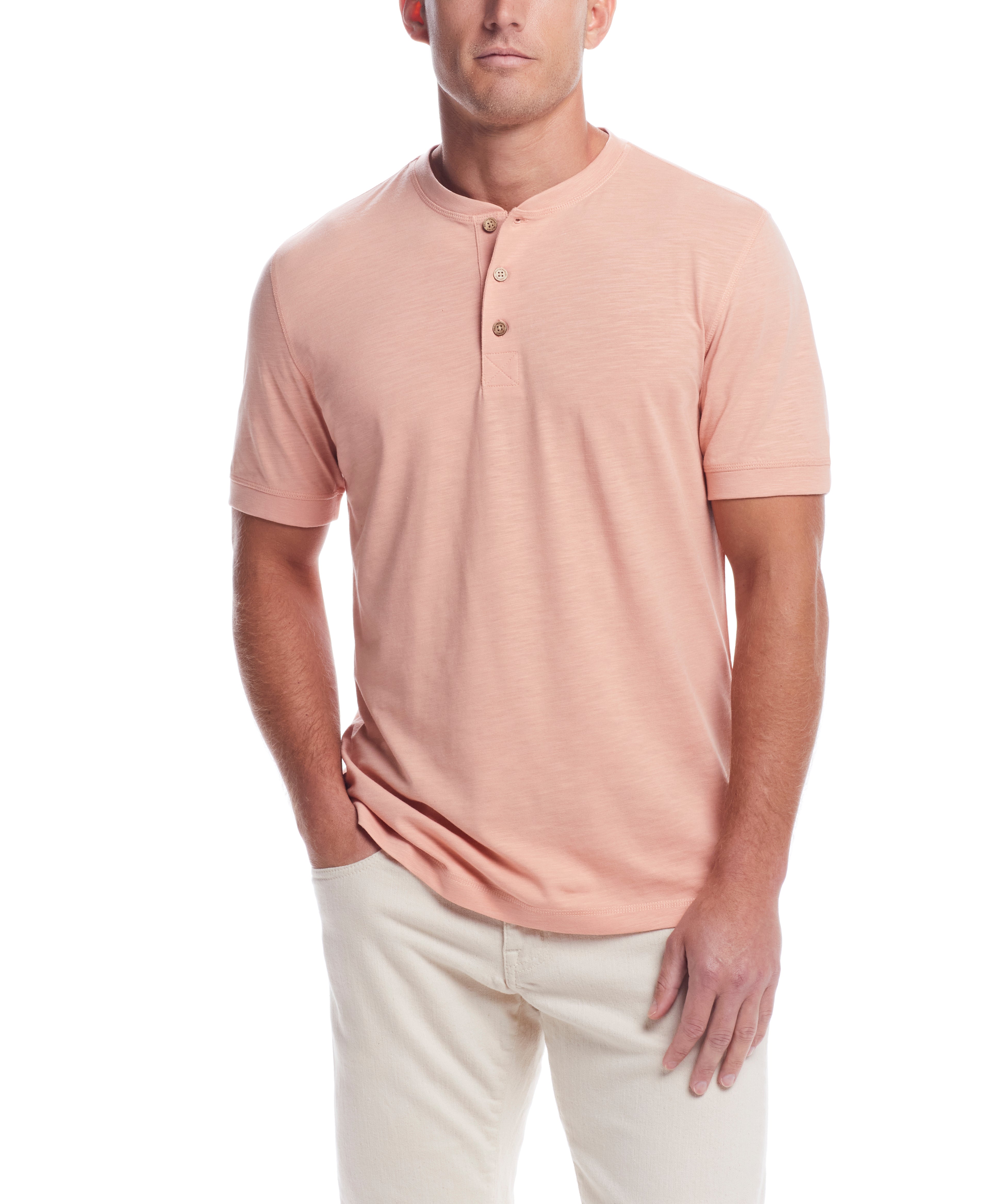 Short Sleeve Melange Henley In Dusty Pink worn by a model displaying a classic fit with a 3 button placket.