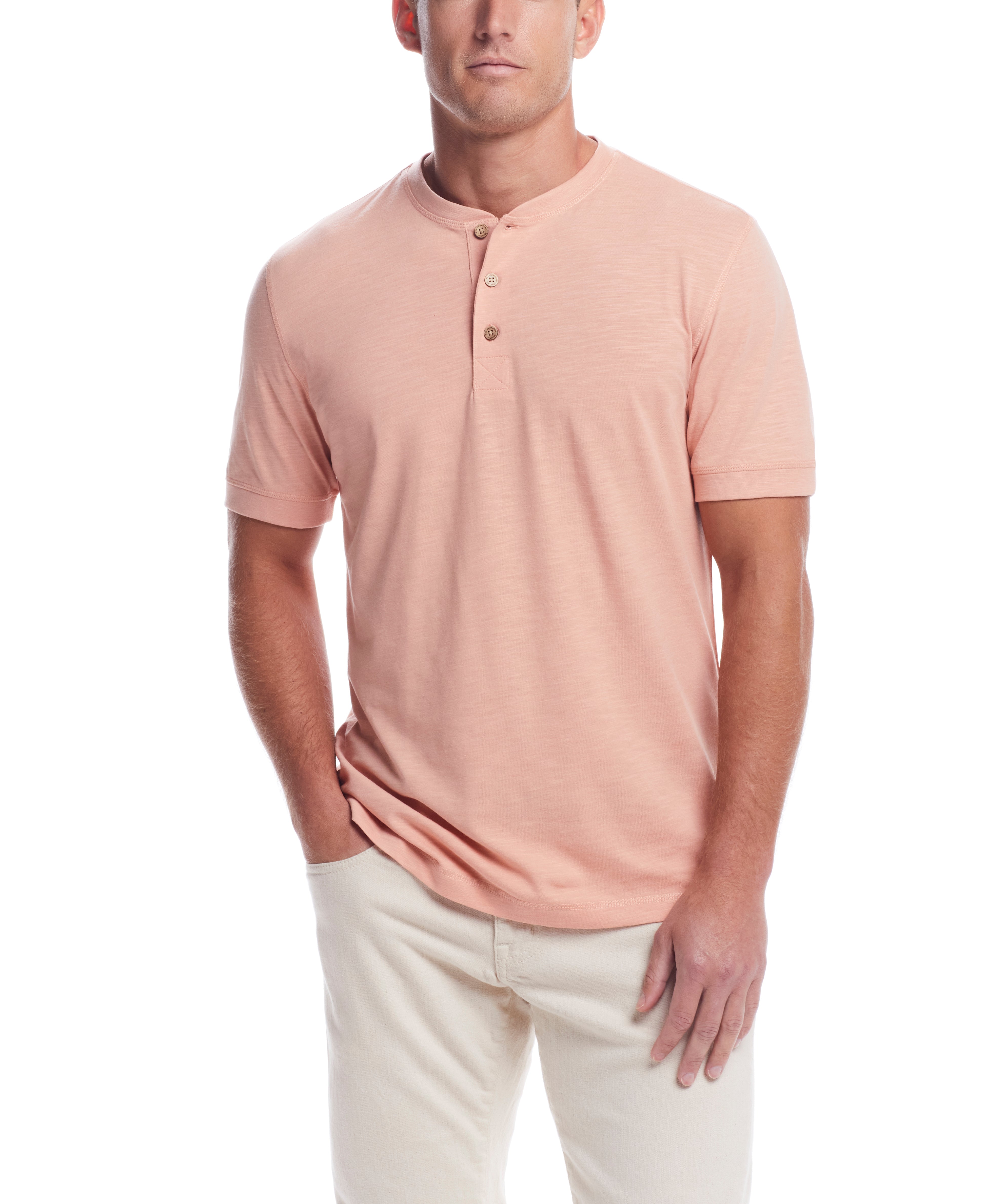 Short Sleeve Melange Henley In Dusty Pink worn by a model displaying a classic fit with a 3 button placket.