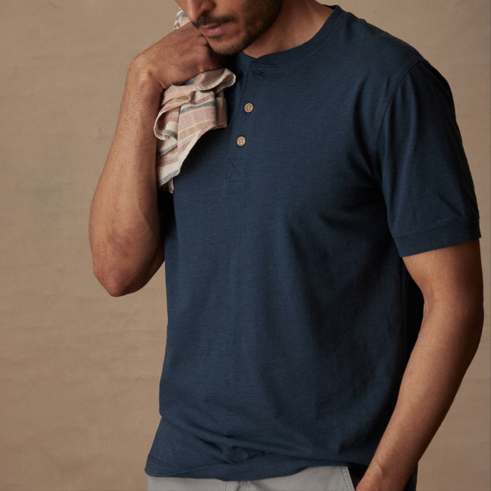 Short Sleeve Melange Henley In Deep Cobalt