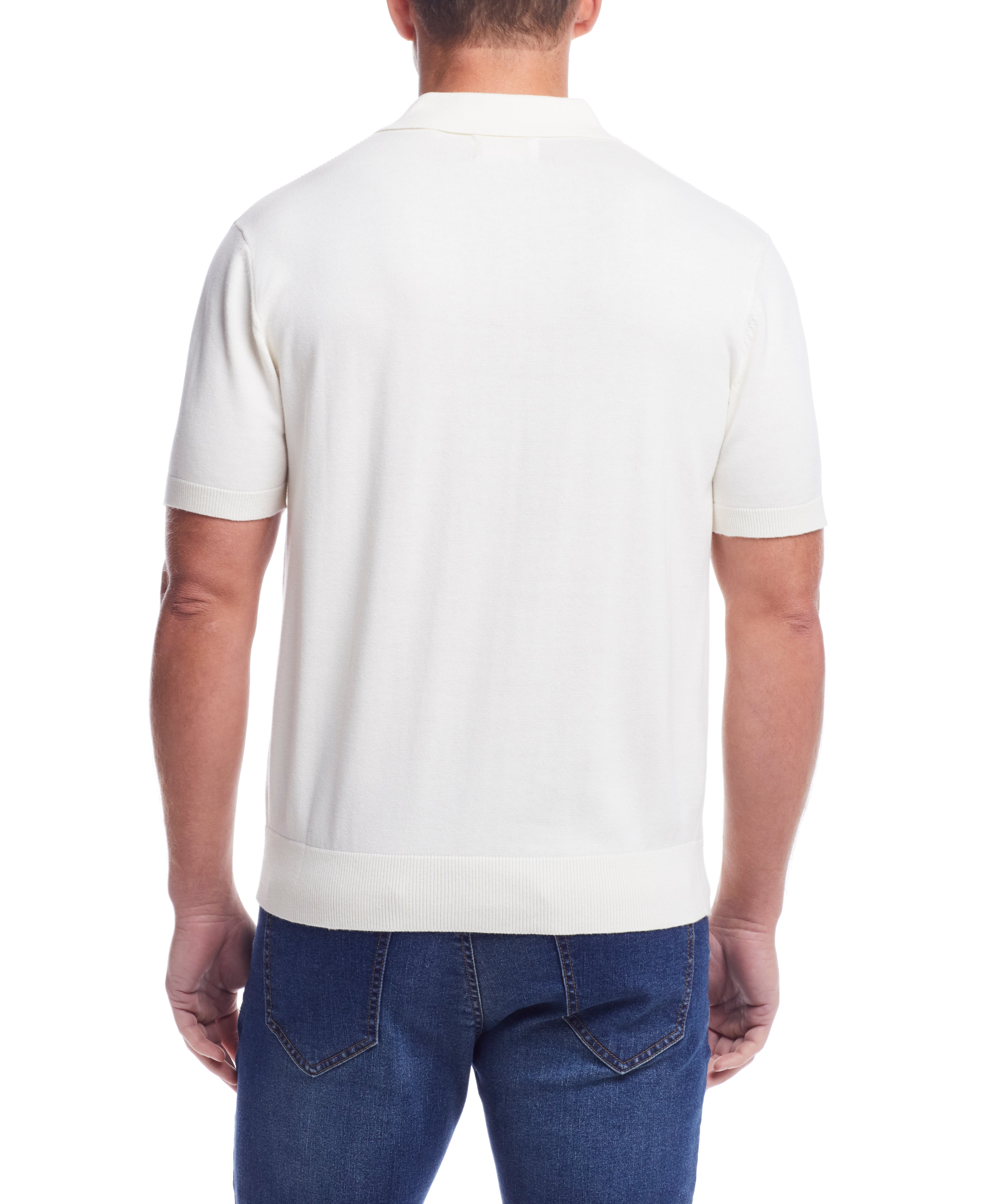 Back view of a man wearing a Short Sleeve Polo Sweater In Ecru with short sleeves and a relaxed fit.