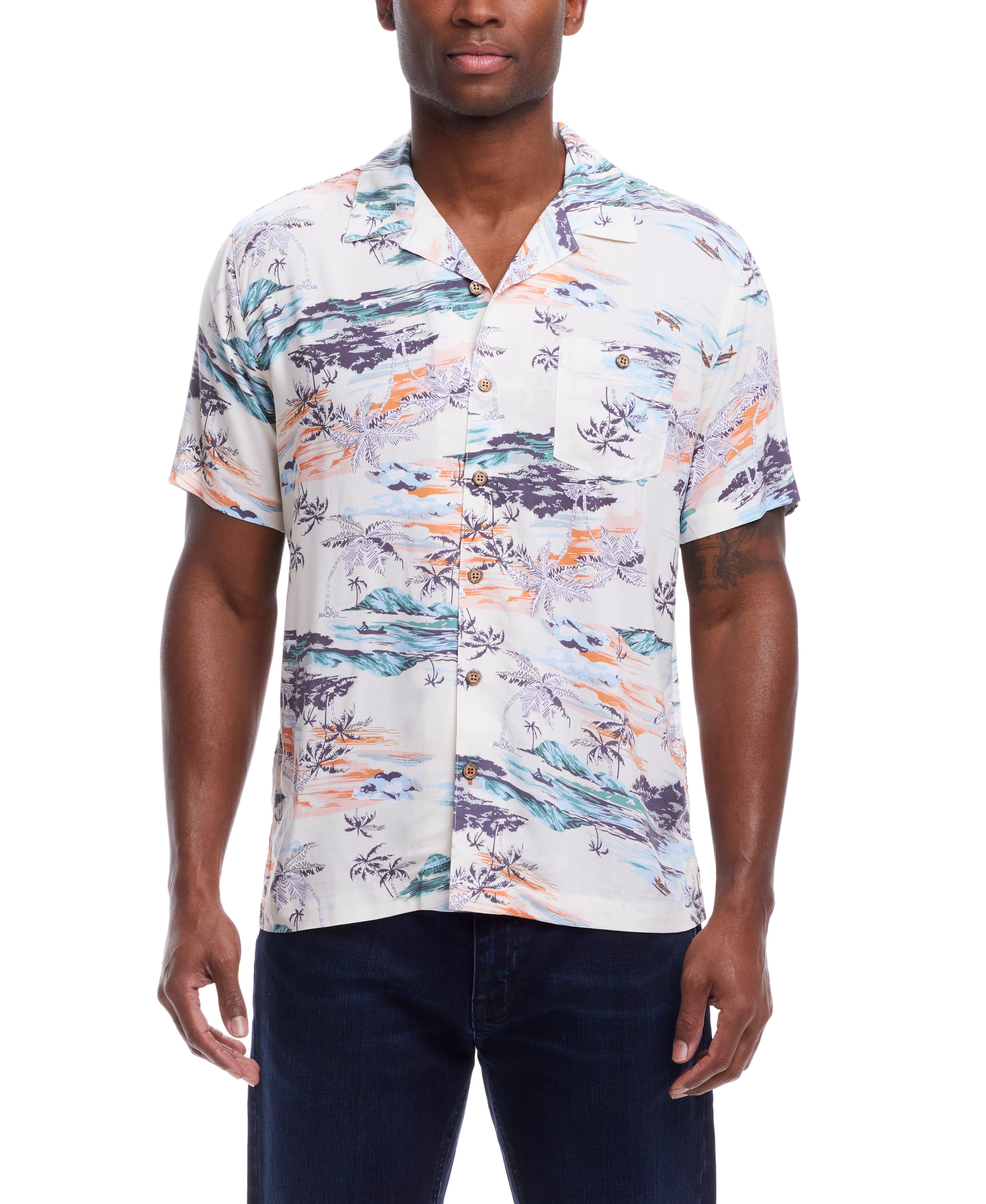 Short Sleeve Rayon Printed Camp Shirt In Pearl