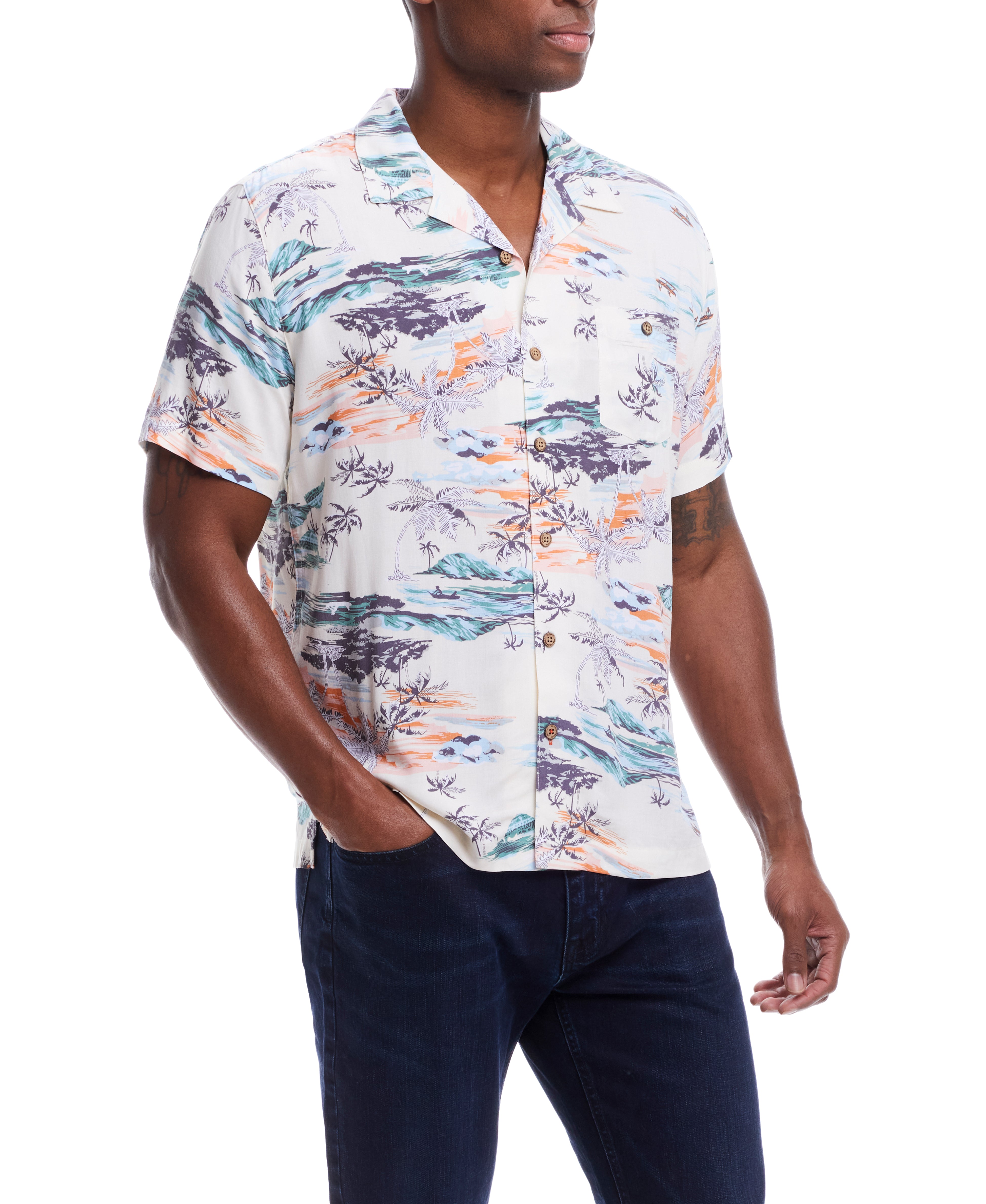 Short Sleeve Rayon Printed Camp Shirt In Pearl