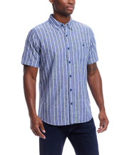 Short Sleeve Striped Cotton Button Down Shirt In Monaco Blue