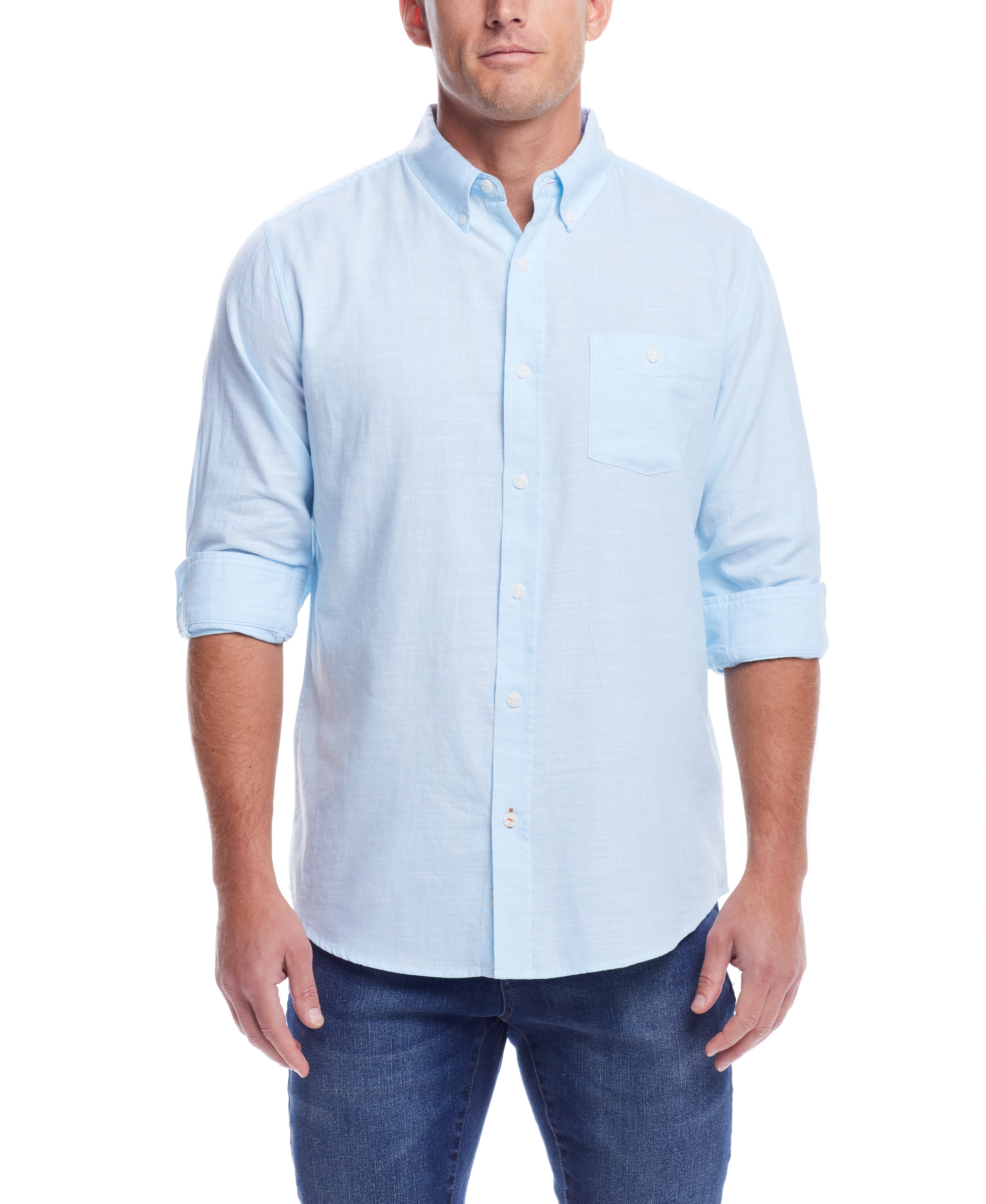 LONG SLEEVE SOLID COTTON TWILL SHIRT in CRYSTAL BLUE