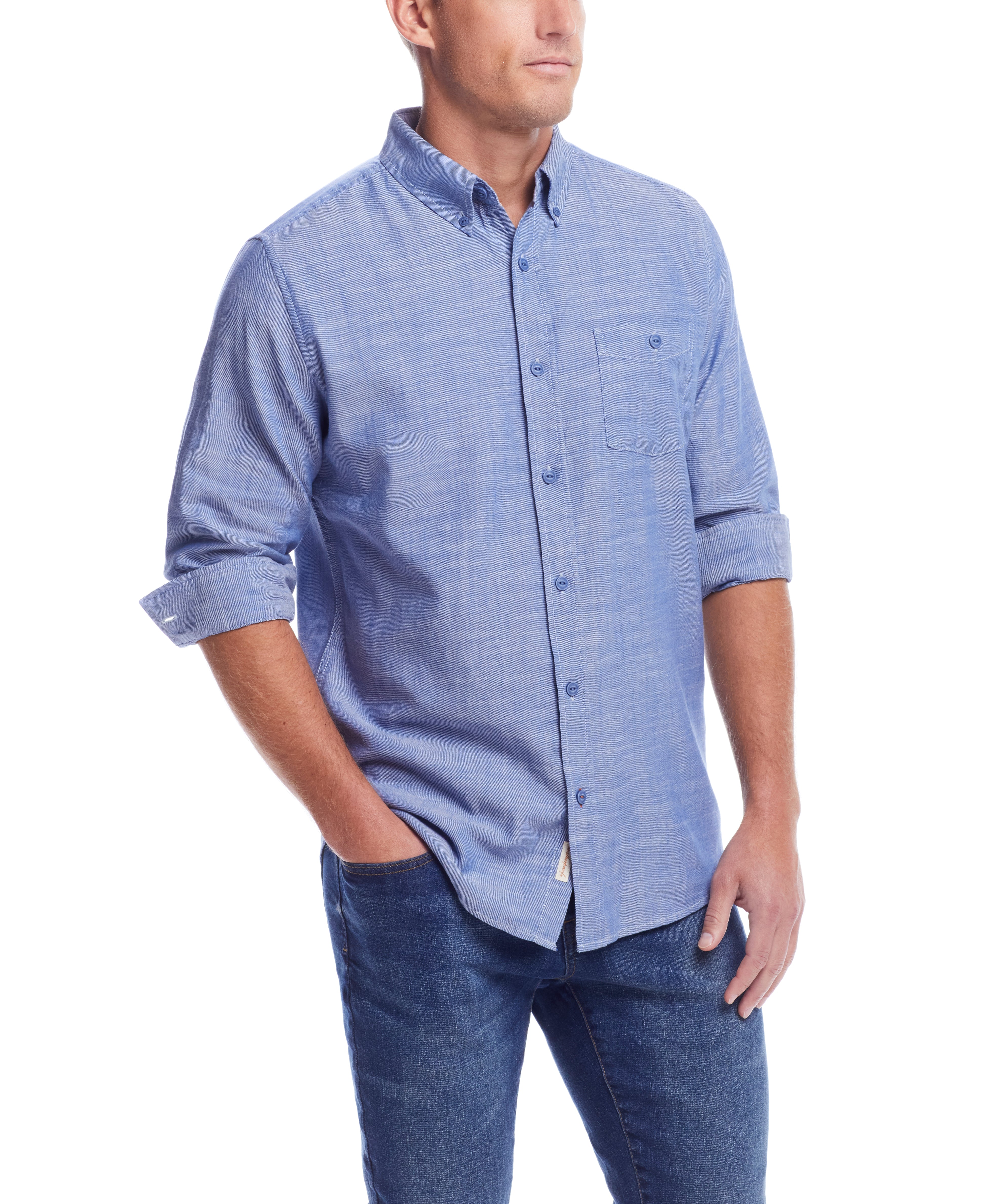 Long Sleeve Solid Cotton Twill Shirt In French Navy