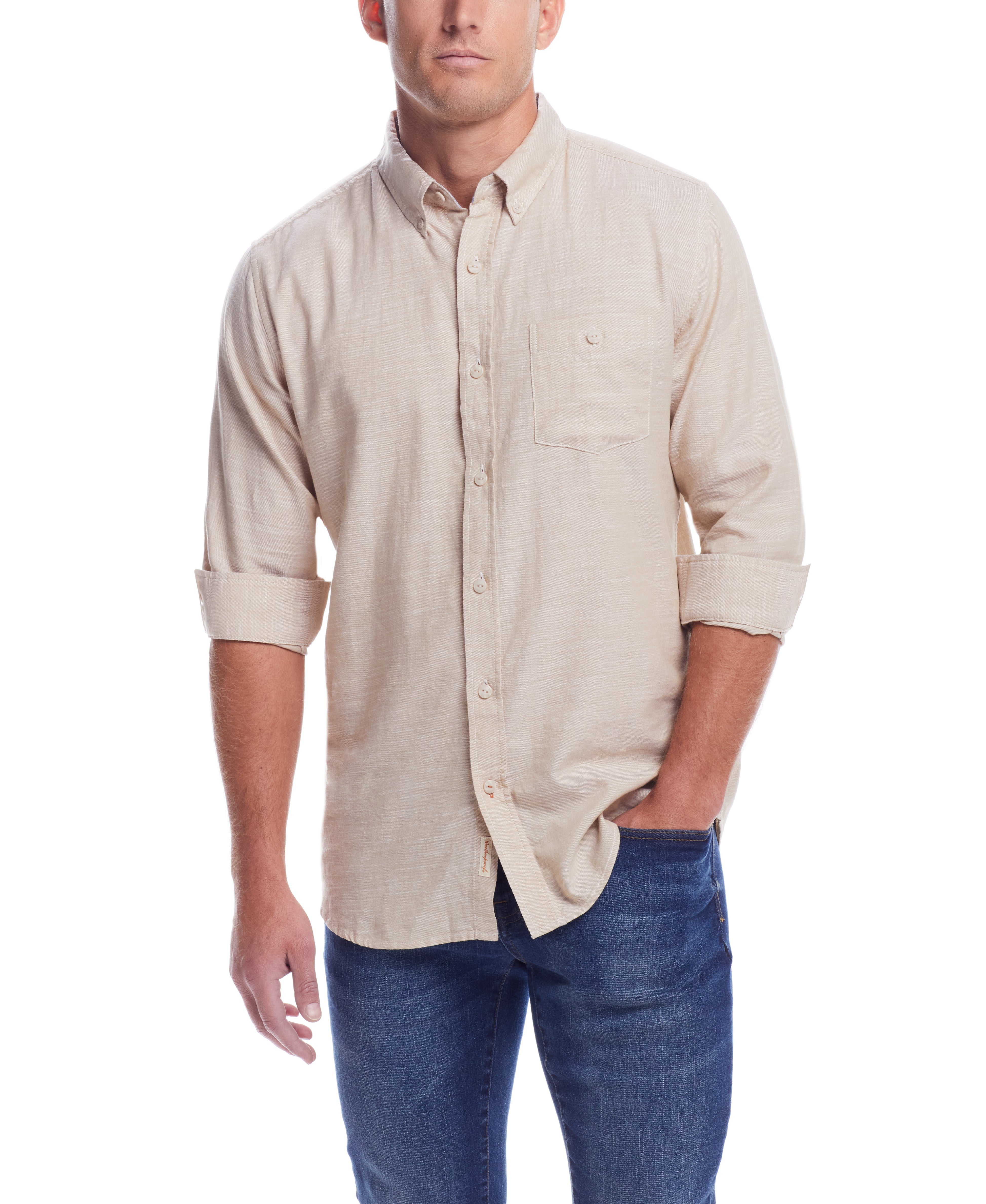 LONG SLEEVE SOLID COTTON TWILL SHIRT in STARFISH
