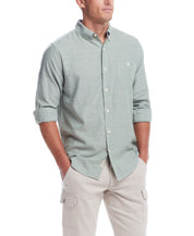 Long Sleeve Solid Cotton Twill Shirt In Hedge Green