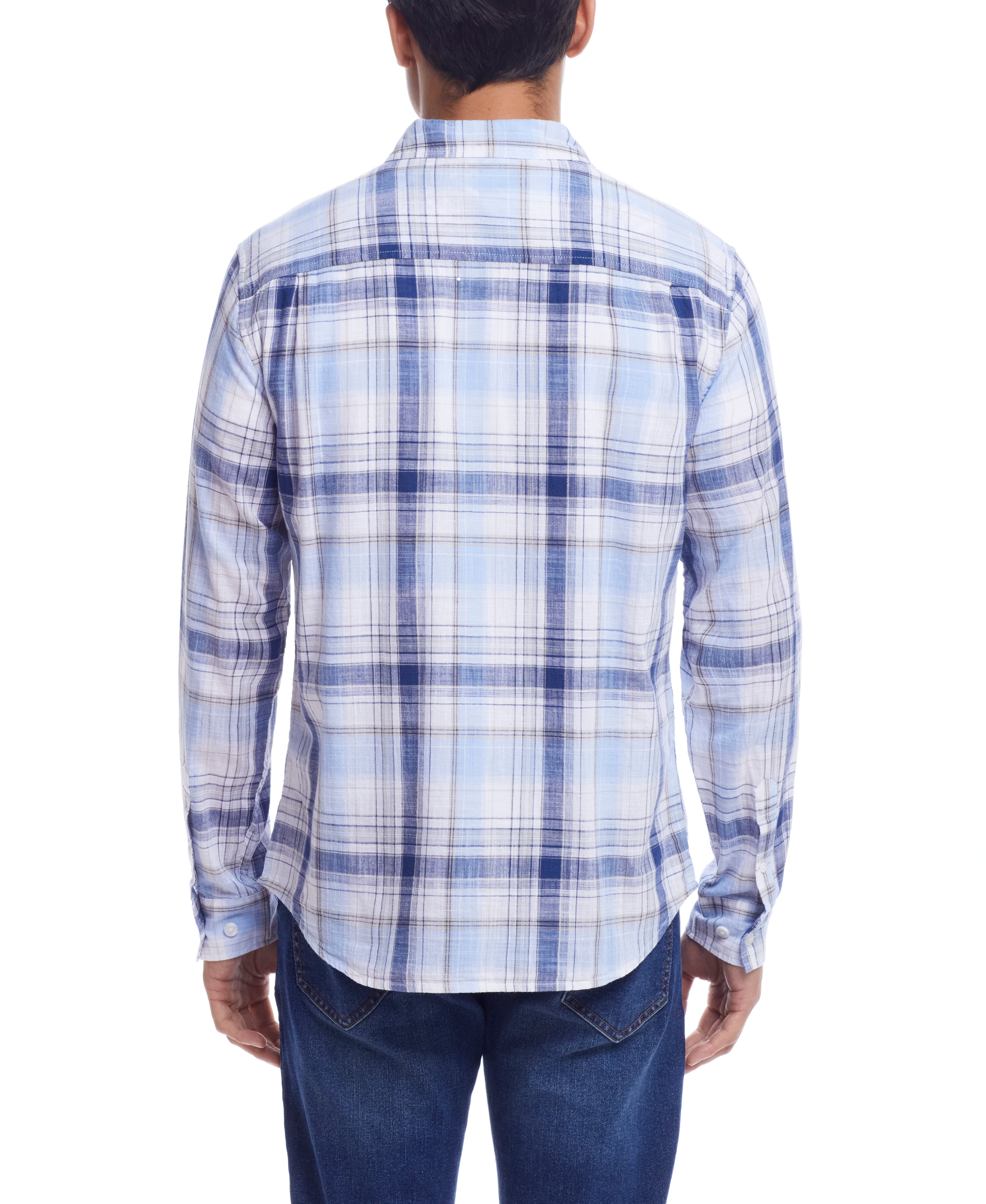 LONG SLEEVE COTTON WOVEN PLAID in ICE WATER