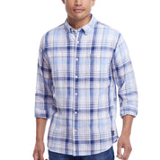 Long Sleeve "Faux Linen" Plaid Button Down in Ice Blue