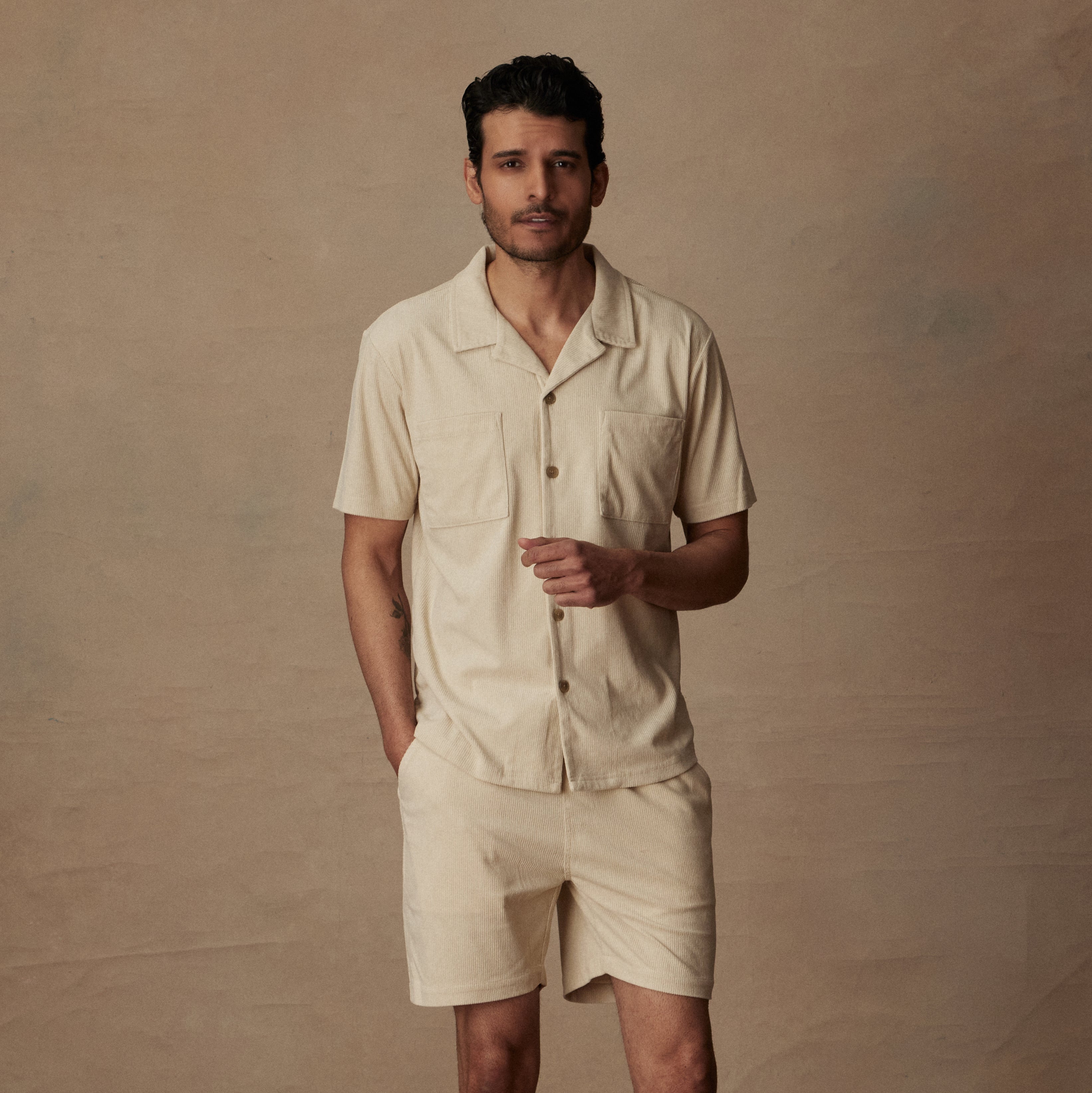 Short Sleeve Corduroy Cabana Shirt in Cream