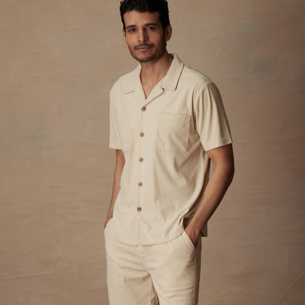 Short Sleeve Corduroy Cabana Shirt in Cream