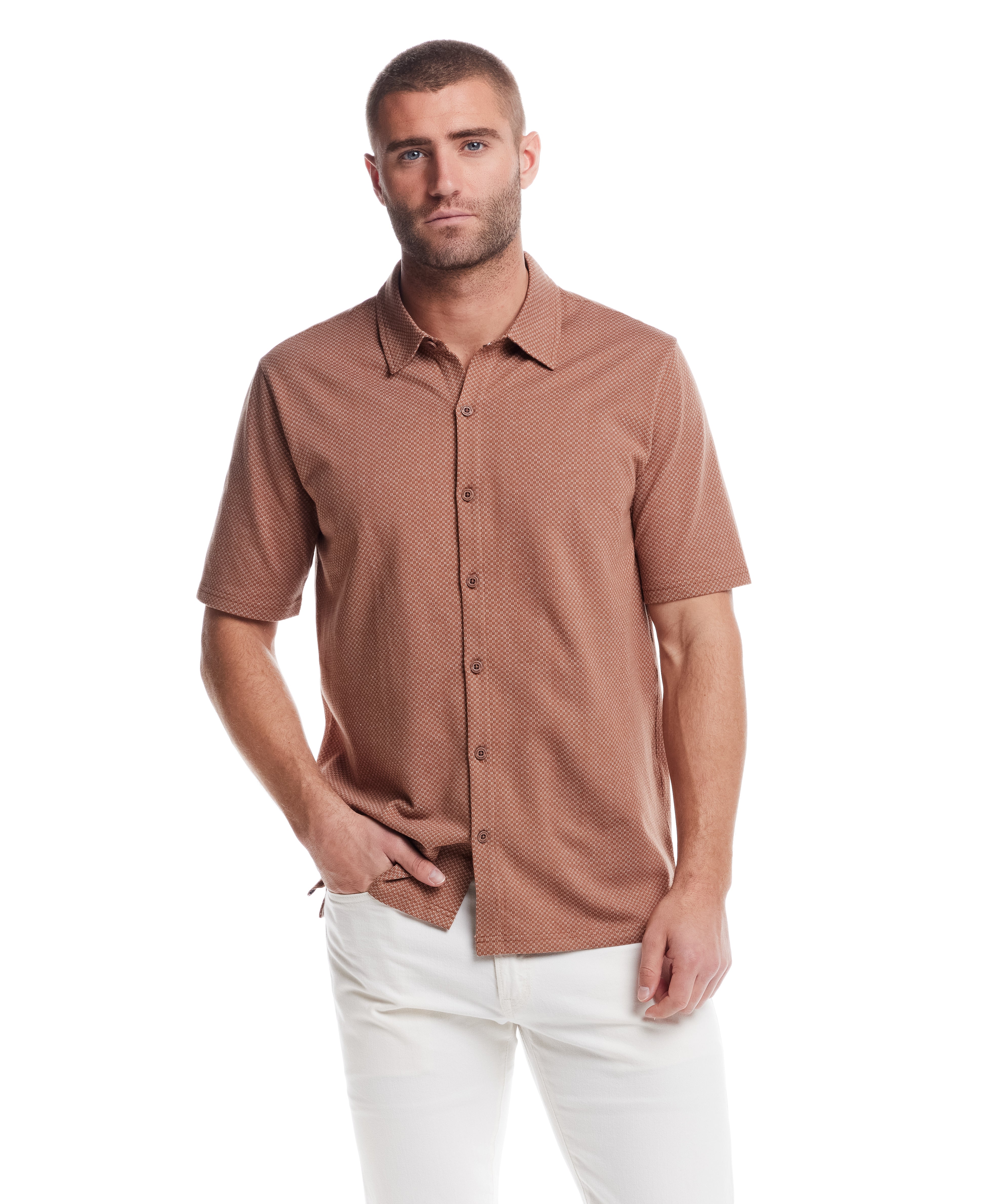 Short Sleeve Coat Front Knit in Biscuit