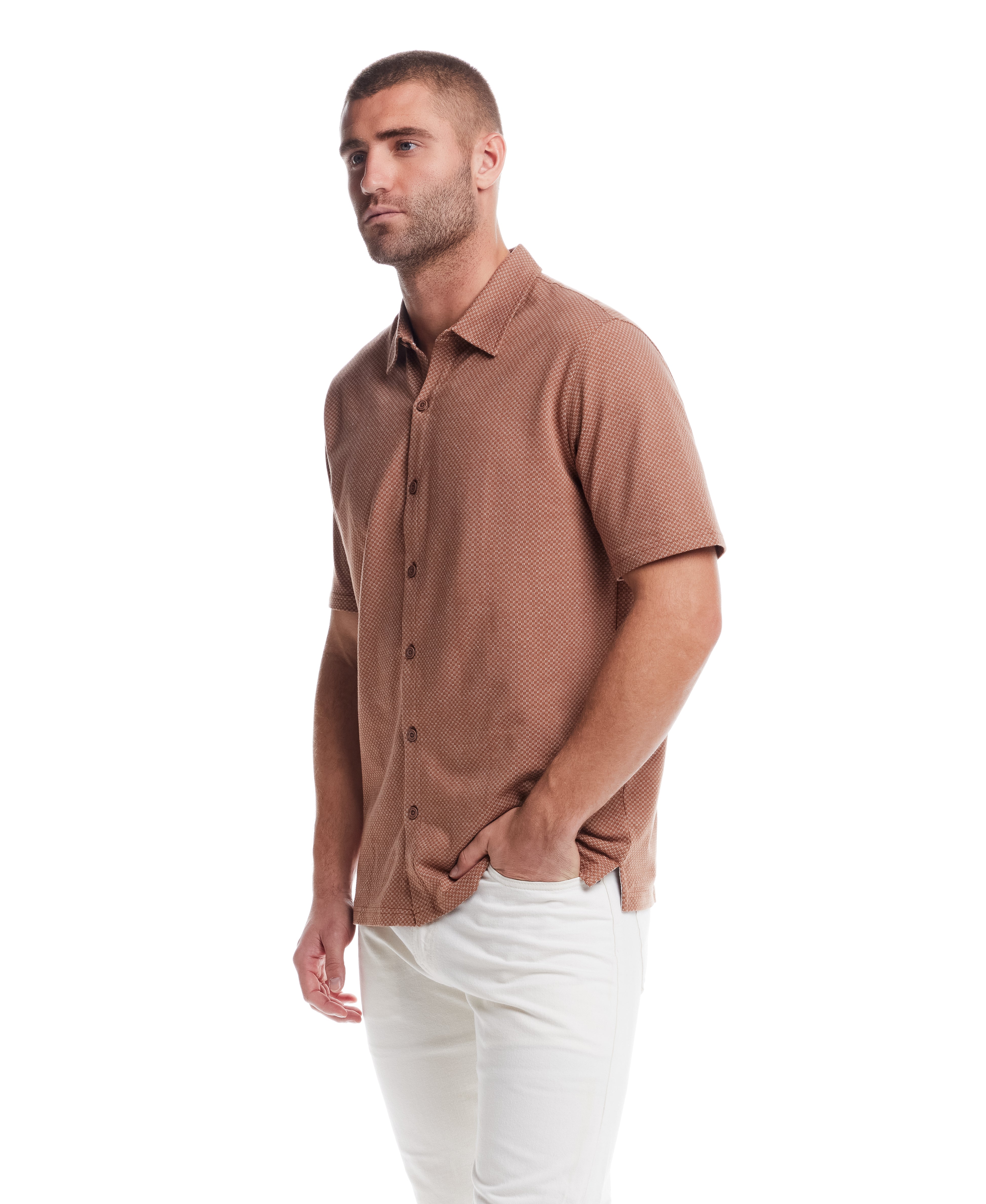 Short Sleeve Coat Front Knit in Biscuit