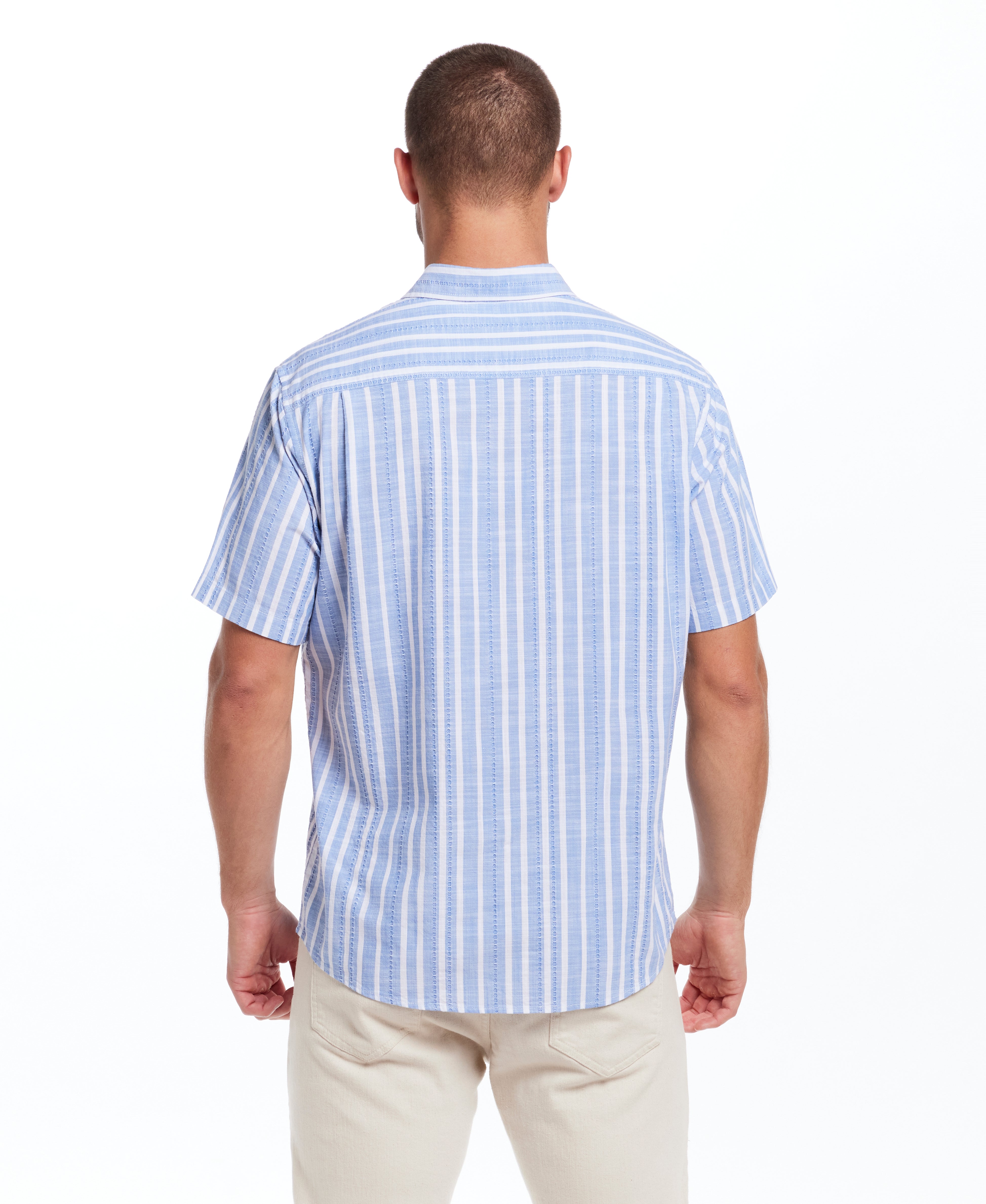 Short Sleeve "Faux Linen" Cotton Shirt in Vista Blue