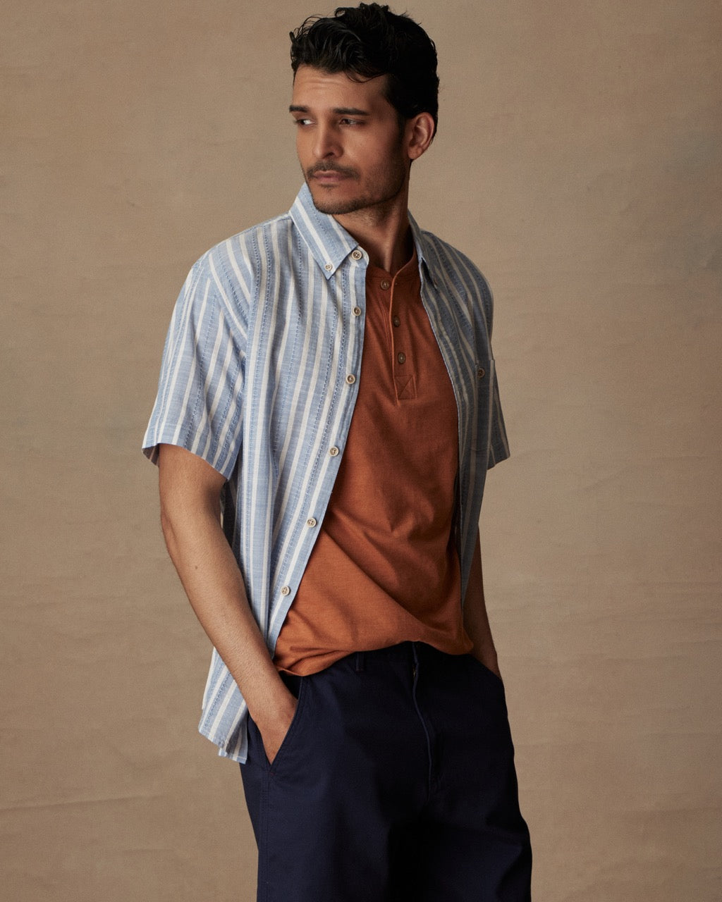 Short Sleeve "Faux Linen" Cotton Shirt in Vista Blue
