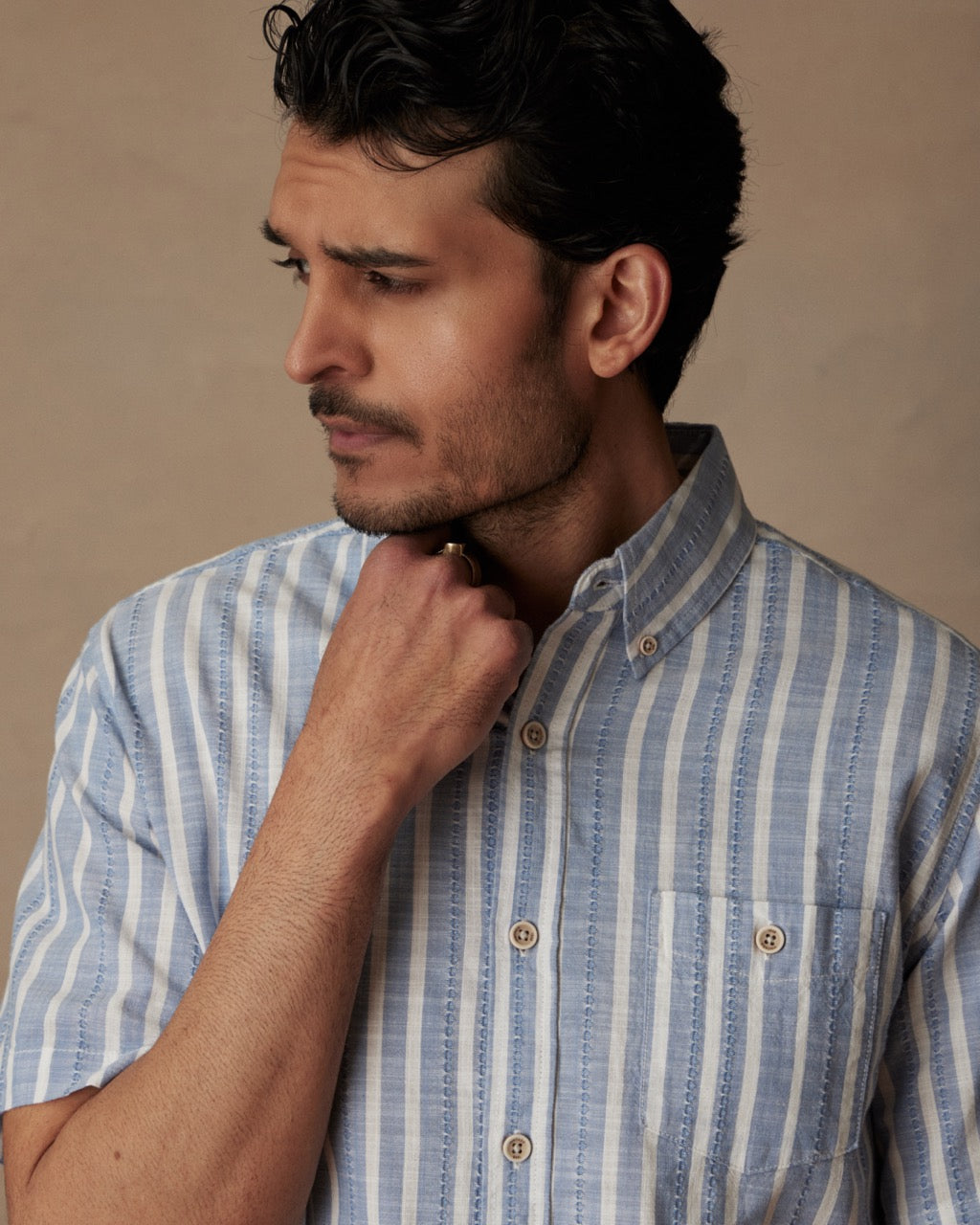 Short Sleeve "Faux Linen" Cotton Shirt in Vista Blue