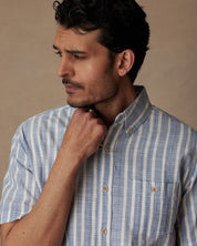 Short Sleeve "Faux Linen" Cotton Shirt in Vista Blue