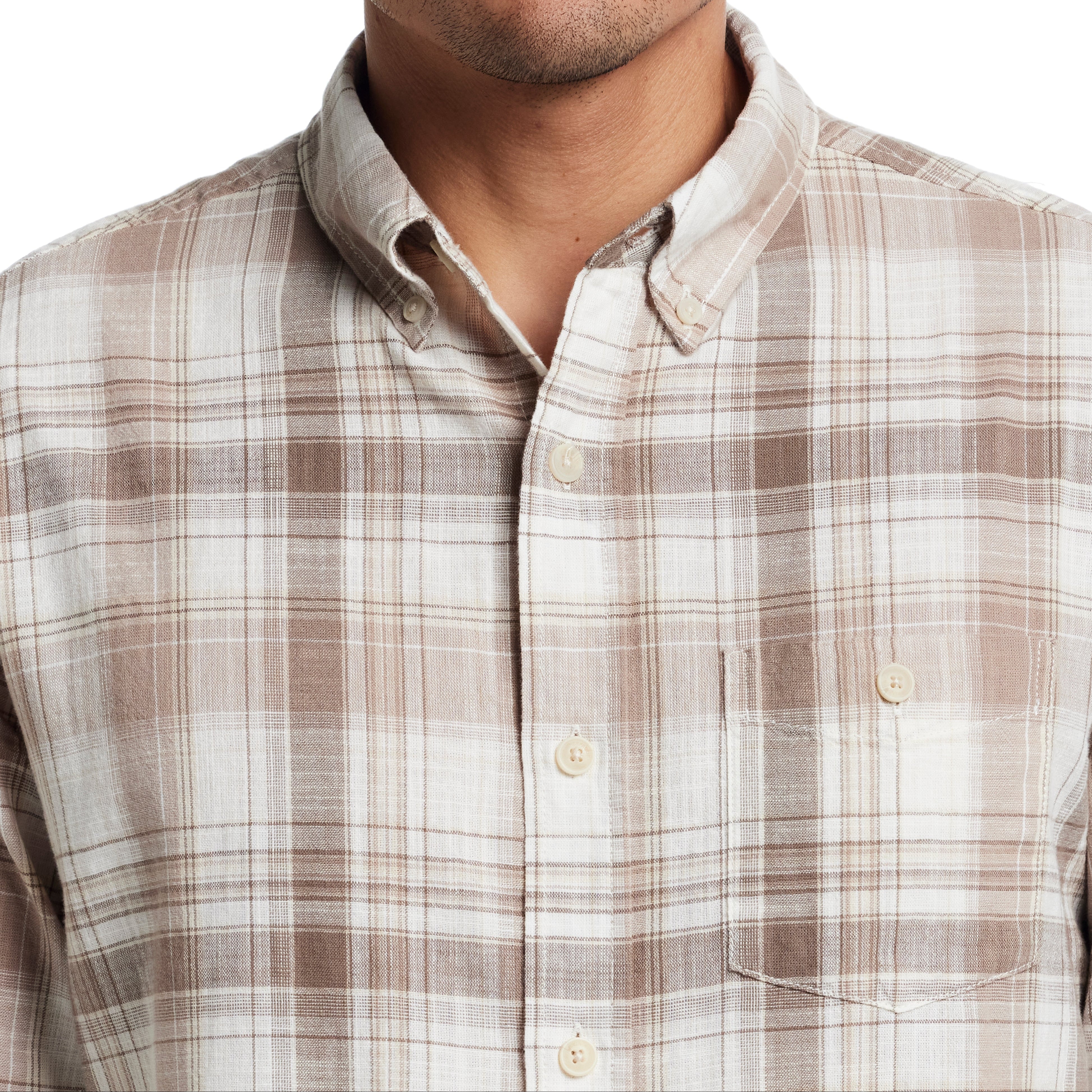 Long Sleeve "Faux Linen" Plaid Button Down in Natural