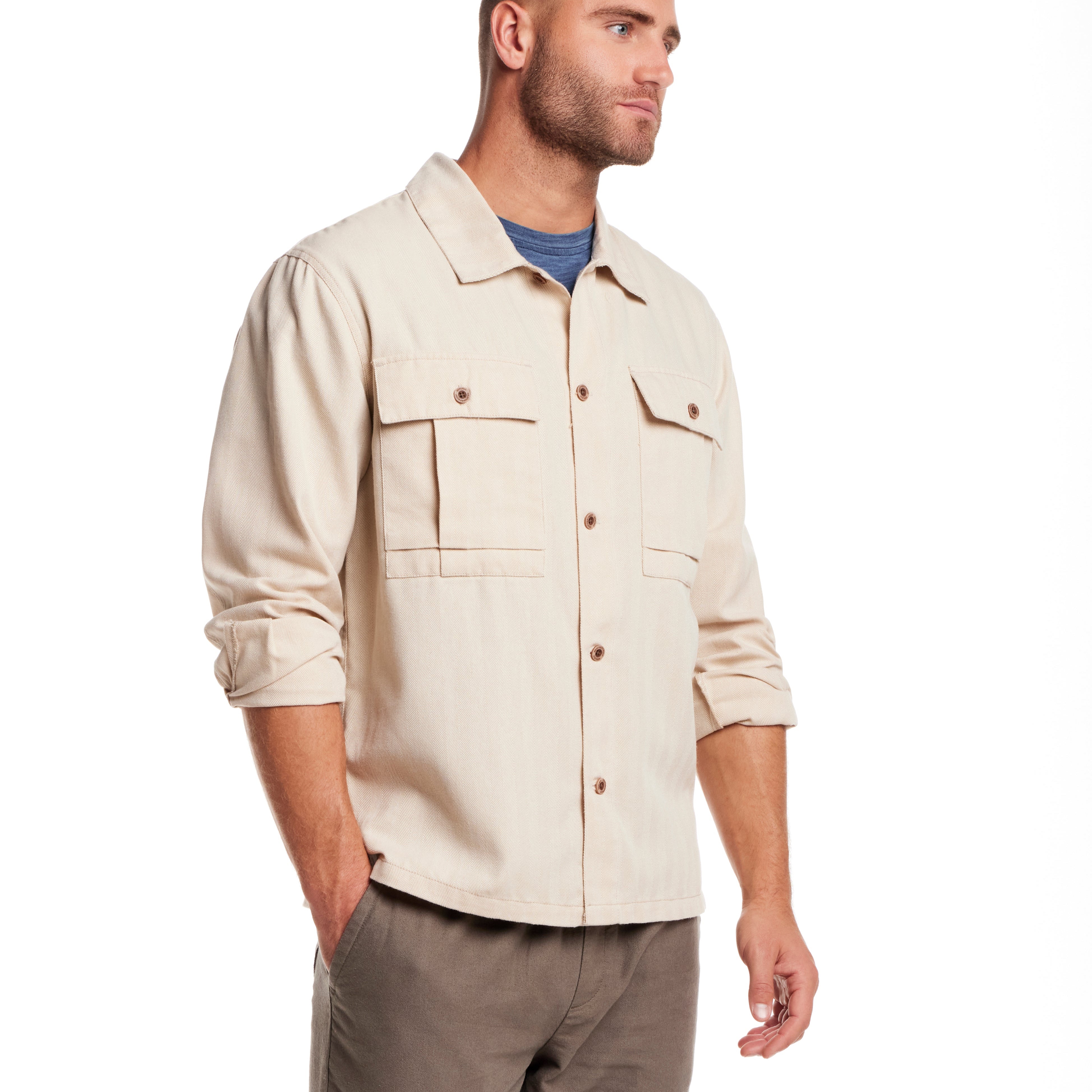 Long Sleeve Unlined Utility Shirt Jacket in White Pepper