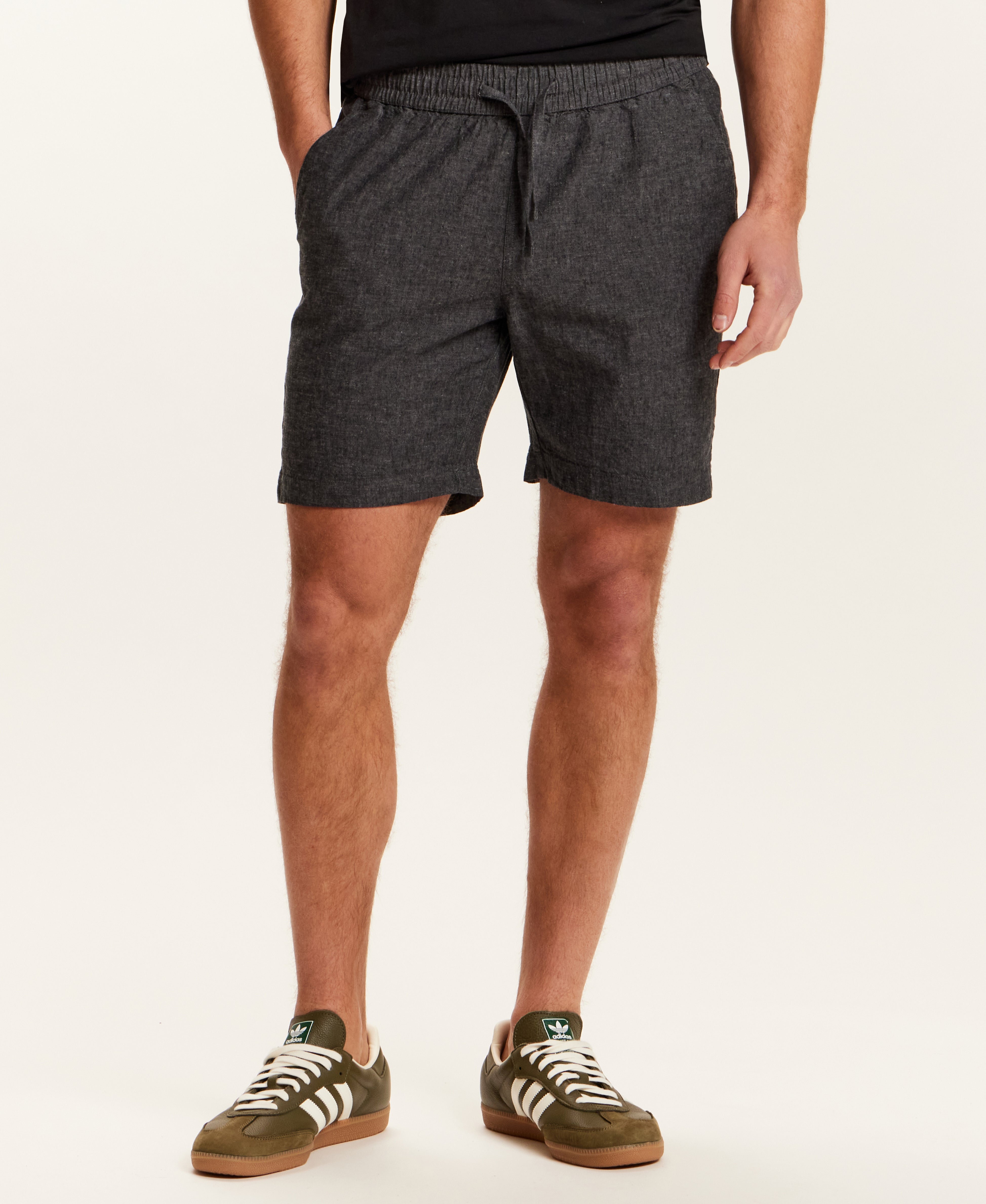 Chambray Stripe Drawstring Short in Black